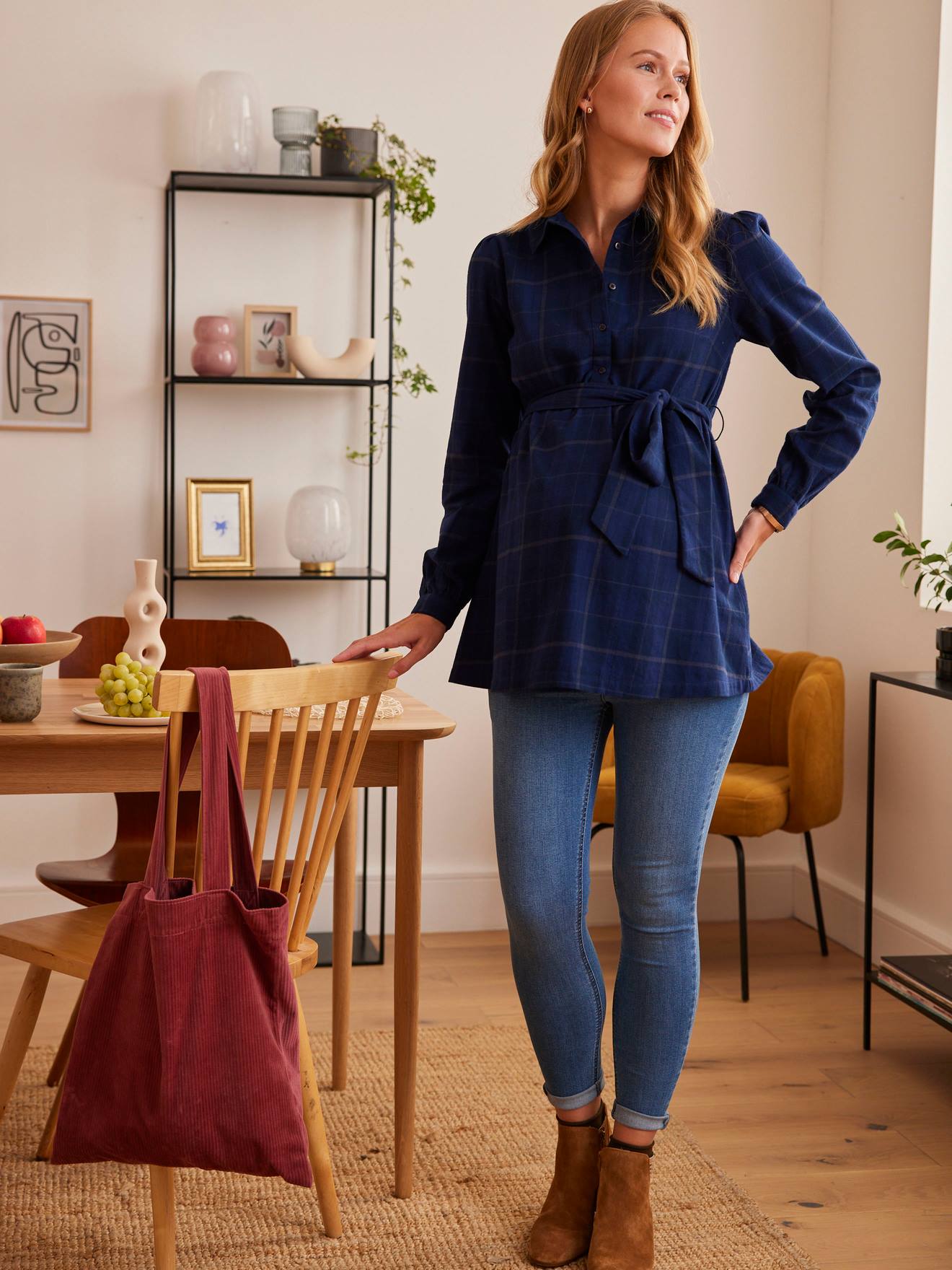 Blouse à carreaux grossesse et allaitement bleu marine