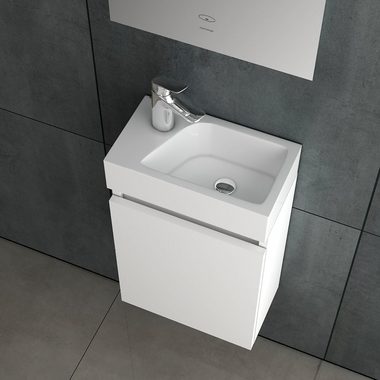 Alpenberger Badmöbel-Set - Gäste-WC Badmöbel Waschbecken & vormontierter Unterschrank, (Komplett-Set, 2-St., Badezimmermöbel Set Weiß Hochglanz), Waschbeckenunterschrank Weiß mit Soft-Close, Waschplatz pflegeleicht