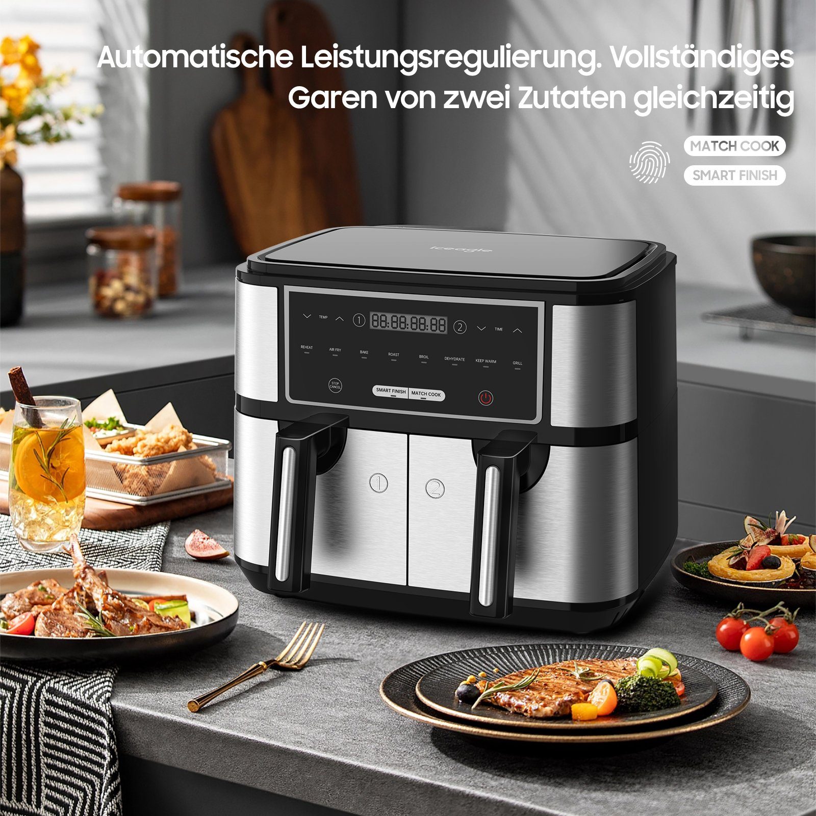 Sintech Heißluftfritteuse Dual Zone Heißluftfritteuse 9L, 8 Programmen Airfryer mit 2 Körben, Friteuse Heissluft ohne Öl, Dual Cook