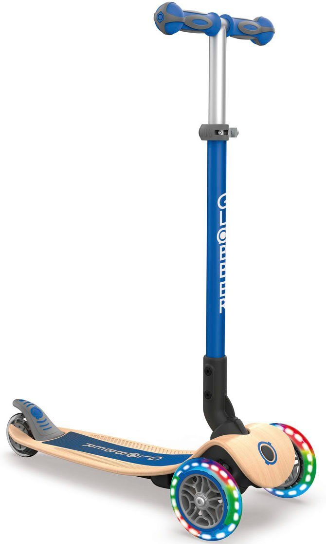 Globber Dreiradscooter PRIMO FOLDABLE WOOD LIGHTS, mit Leuchtrollen und Holzdeck
