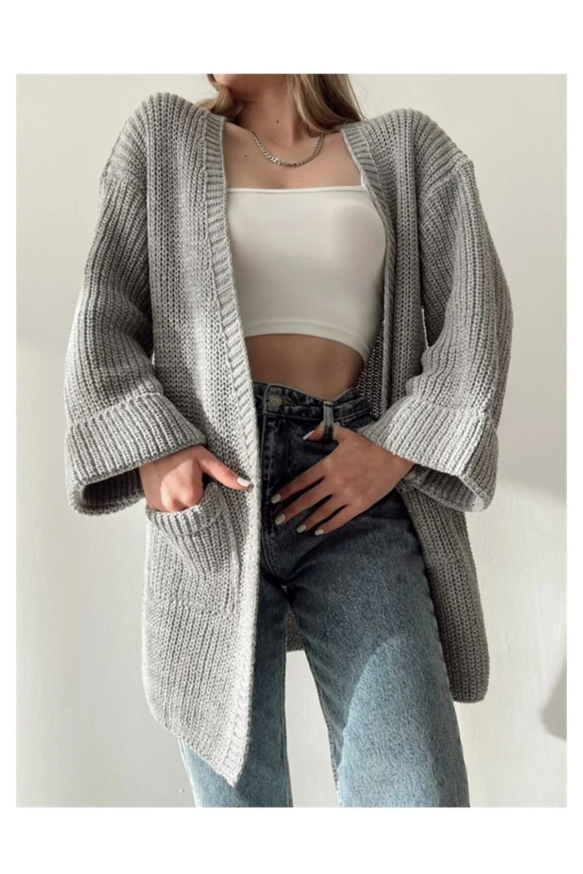 Nazende Stil  Lose Strick-Cardigan für Damen mit gefalteten Ärmeln und Taschen
