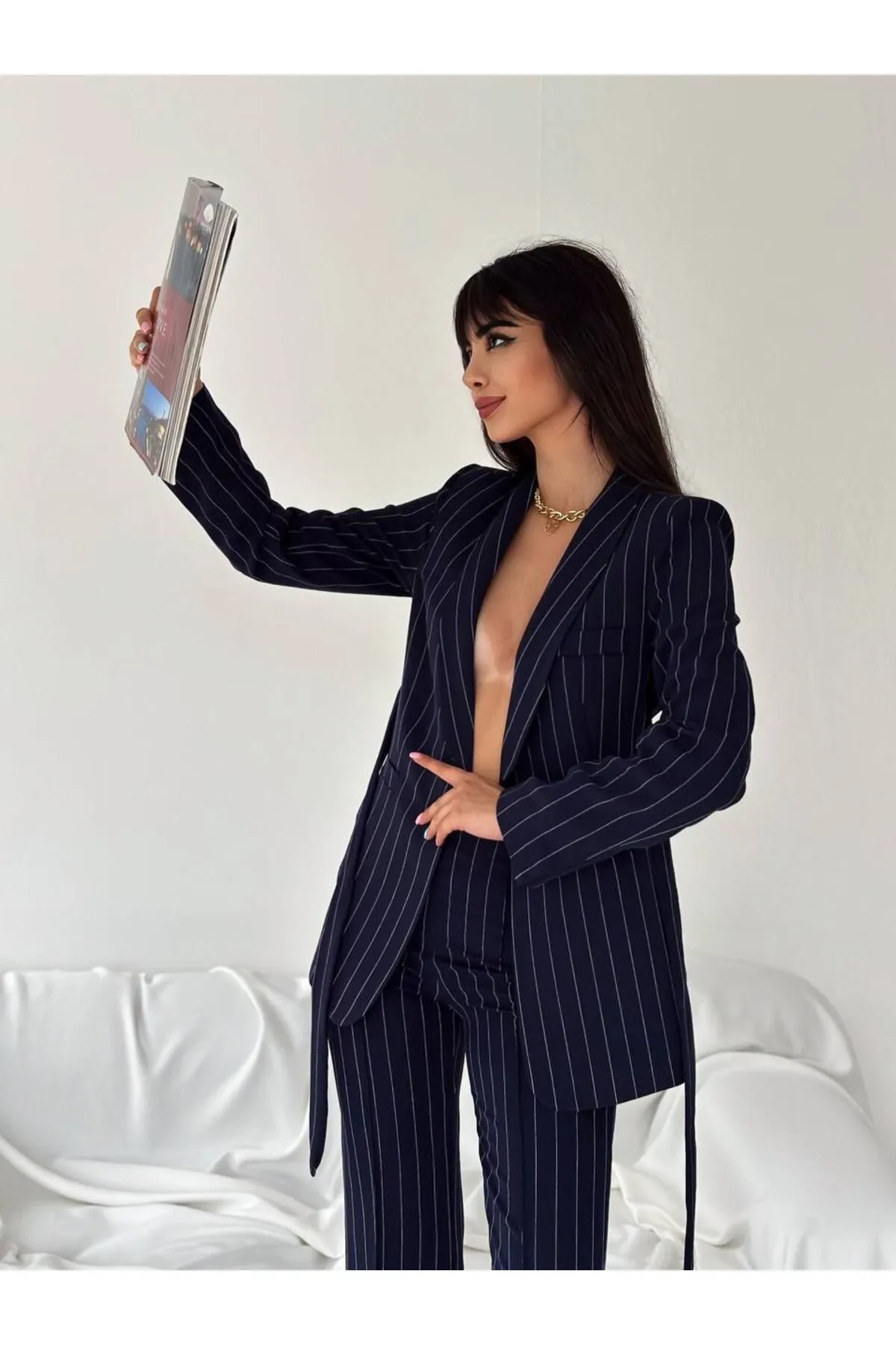 ZF BUTİK  Anzug aus Jacke und Hose mit Gürtel und Streifen