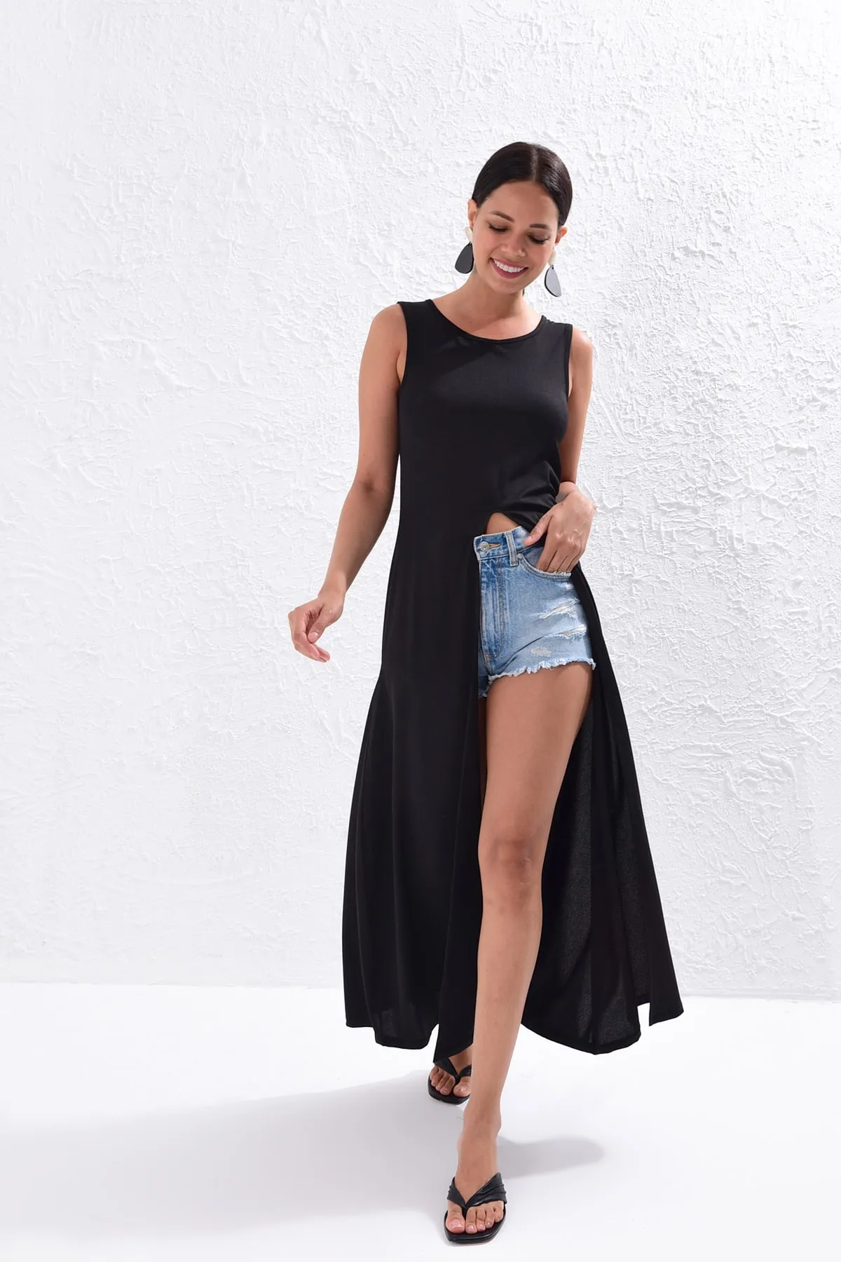 Cool & Sexy  Schwarzes langes Tunikakleid für Damen Yİ1823