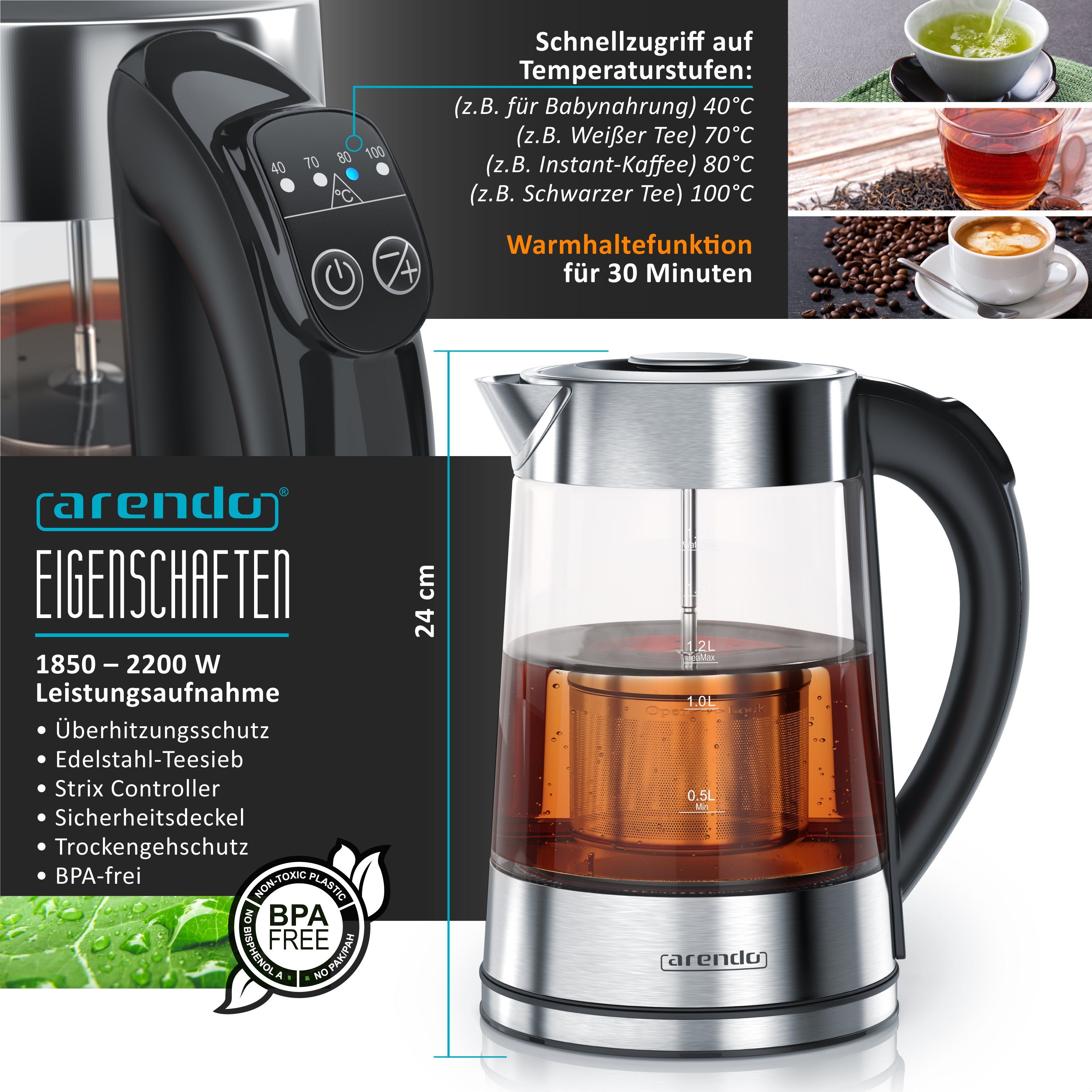 Arendo Frühstücks-Set (2-tlg), Wasserkocher 1,7l mit Teesieb & 2-Scheiben Toaster, Edelstahl