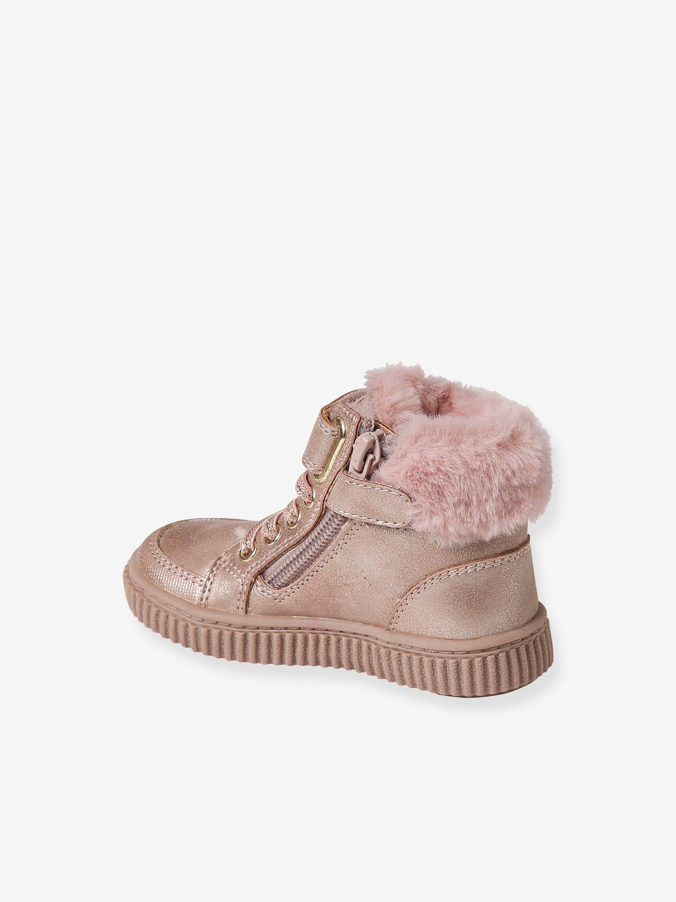 Baskets fourrées lacées, scratchées et zippées bébé rose nude