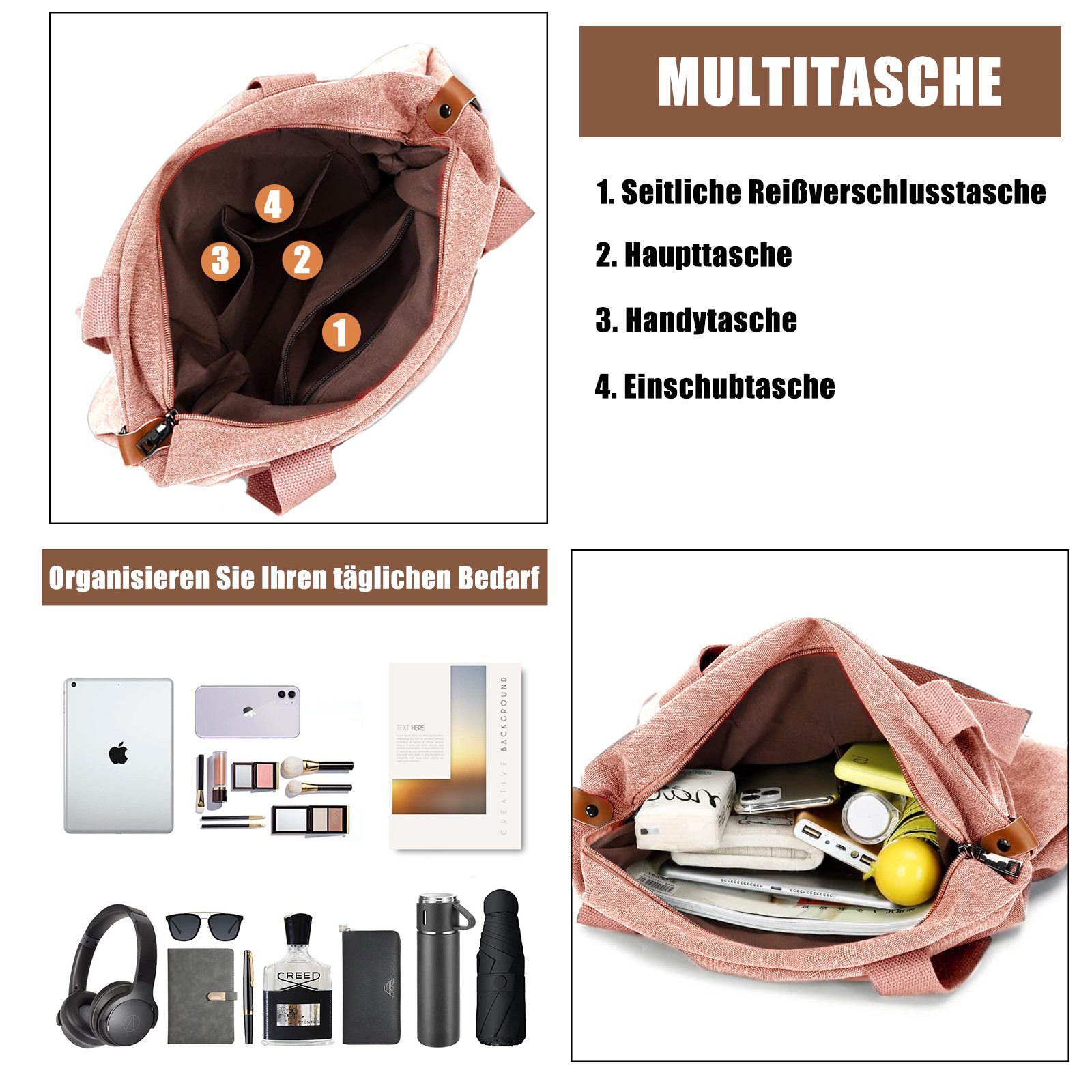 TAN.TOMI Schultertasche Canvas Umhängetasche Damen, Groß Handtasche, für Schule Shopper Lässige Täglich Ausflug Einkauf