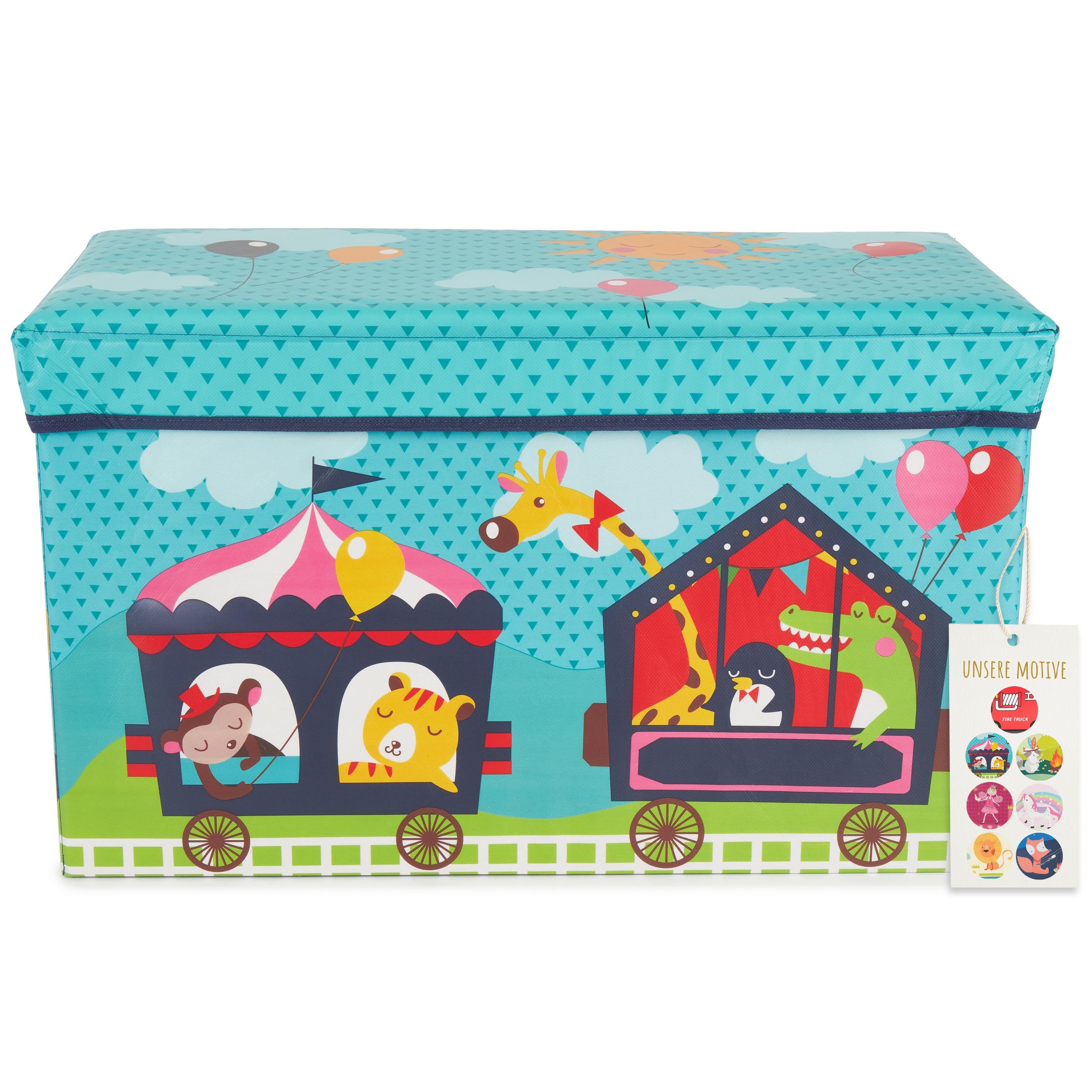 BIECO Spielzeugtruhe Bieco Aufbewahrungsbox mit Deckel 60L, faltbar ca. 60x30x35cm Spielzeugkiste mit Deckel Aufbewahrungsbox Kinder Kisten mit Deckel Aufbewahrungsbox Groß Wickeltisch Organizer Zirkus