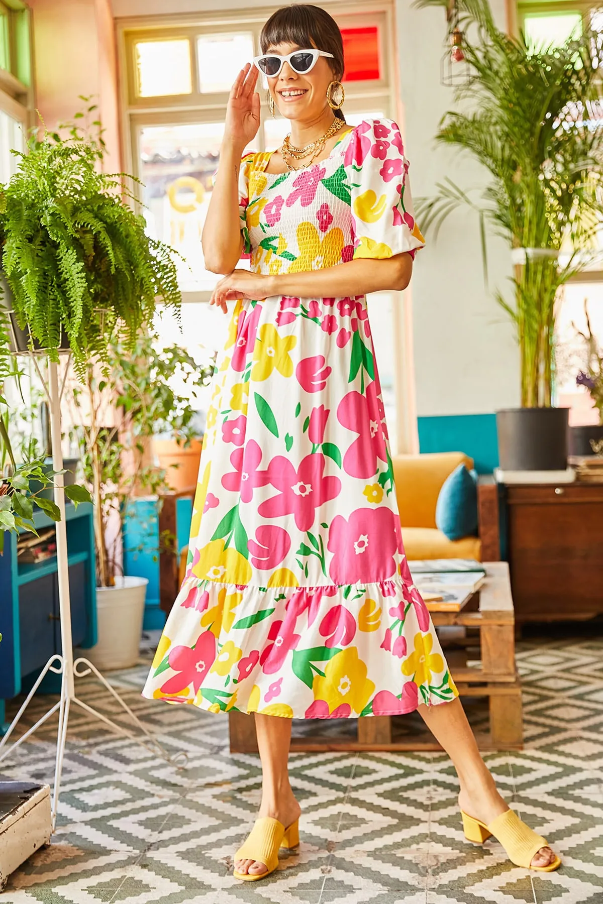 Olalook  Ecru Pink Gimped Lässiges Kleid aus gewebter Viskose für Damen ELB-19001483
