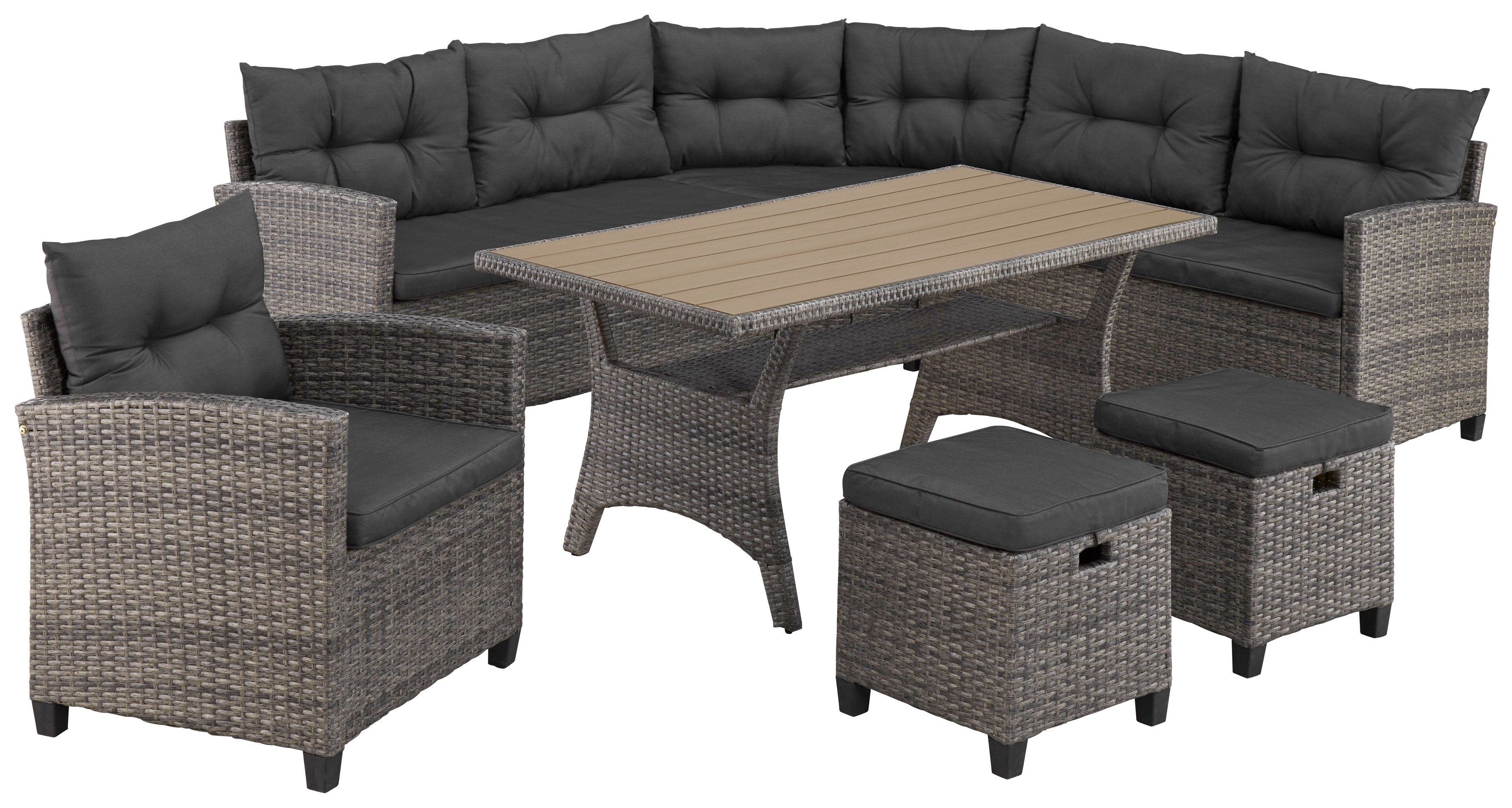 KONIFERA Gartenlounge-Set Keros Premium, (20-tlg), Ecklounge, 2 Hocker, Sessel, Tisch, Polyrattan