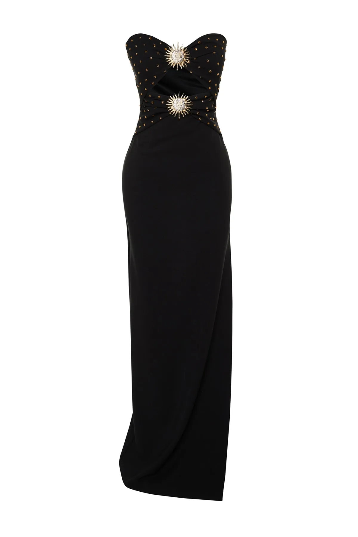 Trendyol Collection  X Zeynep Tosun Schwarzes, figurbetontes Kleid mit Sonnen-Accessoire-Details und glänzendem Schmucksteinbesatz TCLSS23AE00008