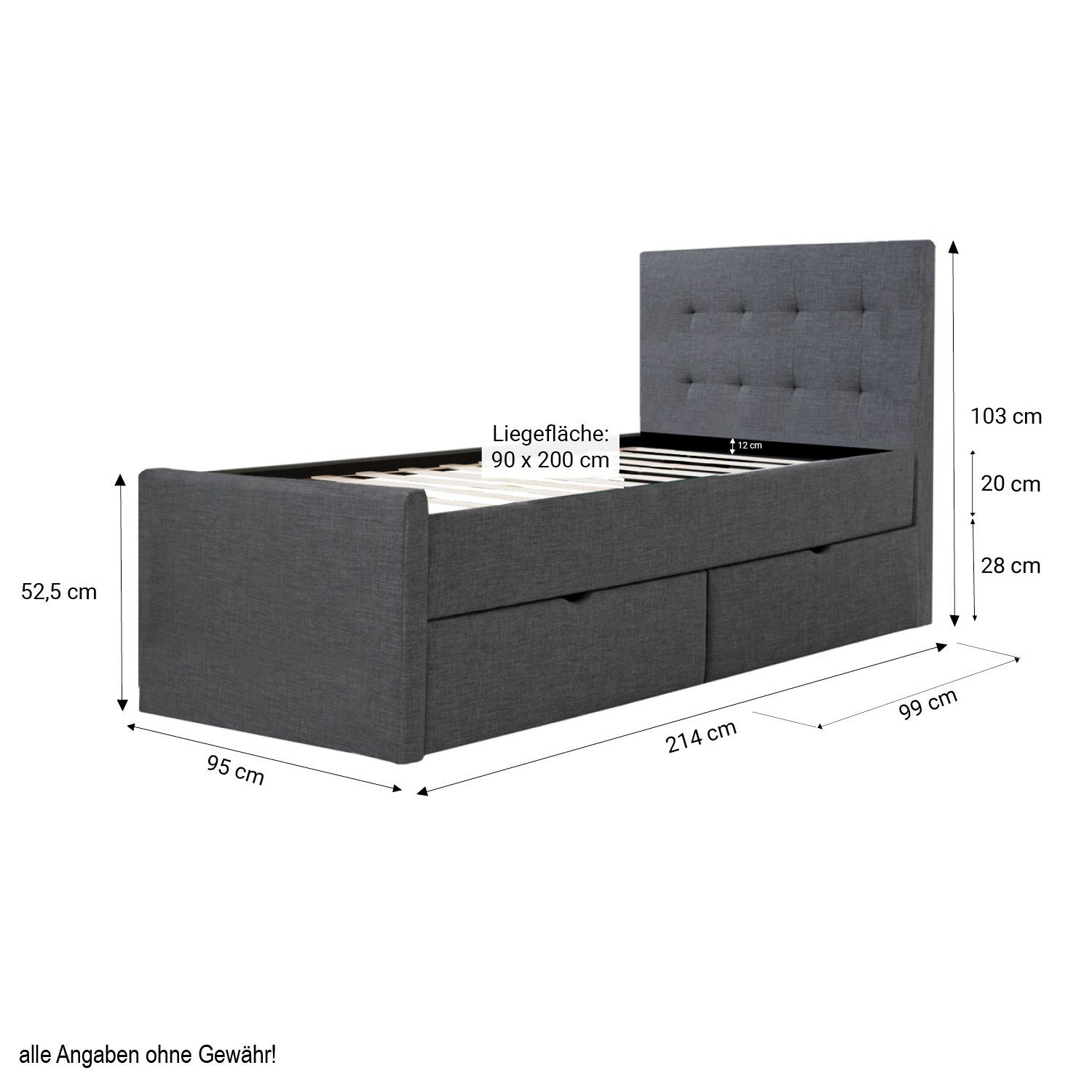 Homestyle4u Polsterbett Doppelbett Stoffbett Bettgestell mehrere Größen Lattenrost anthrazit