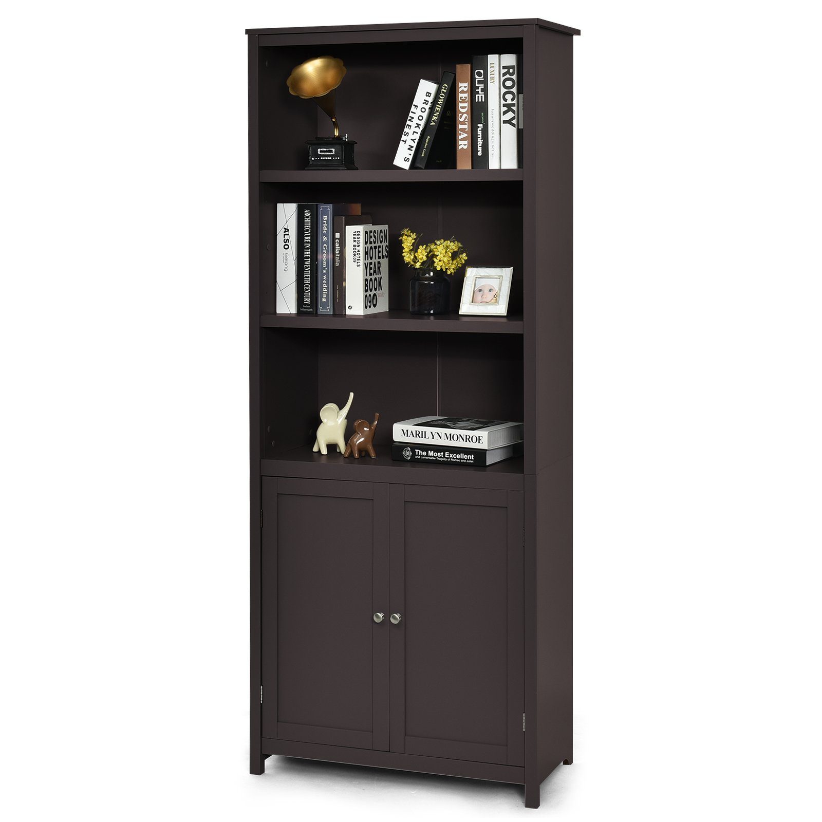 COSTWAY Bücherregal, mit Türen & Schrank, 3 offene Regale, 74,5x35,5x181,5 cm