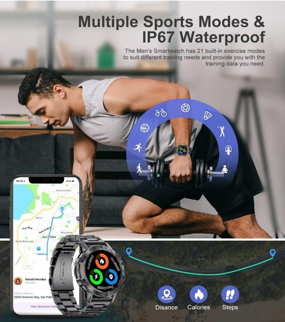 Lige Smartwatch (Android iOS), Herren Mit Telefonfunktion Rund Blutdruck Wasserdicht Men