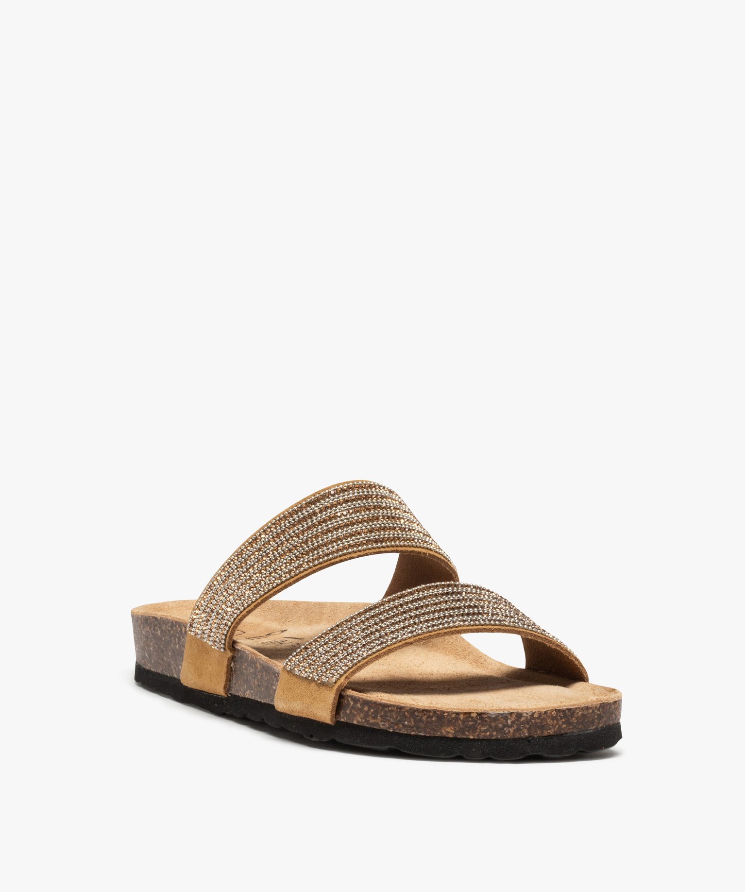 Mules femme plates à semelle liège et brides strass camel | GEMO