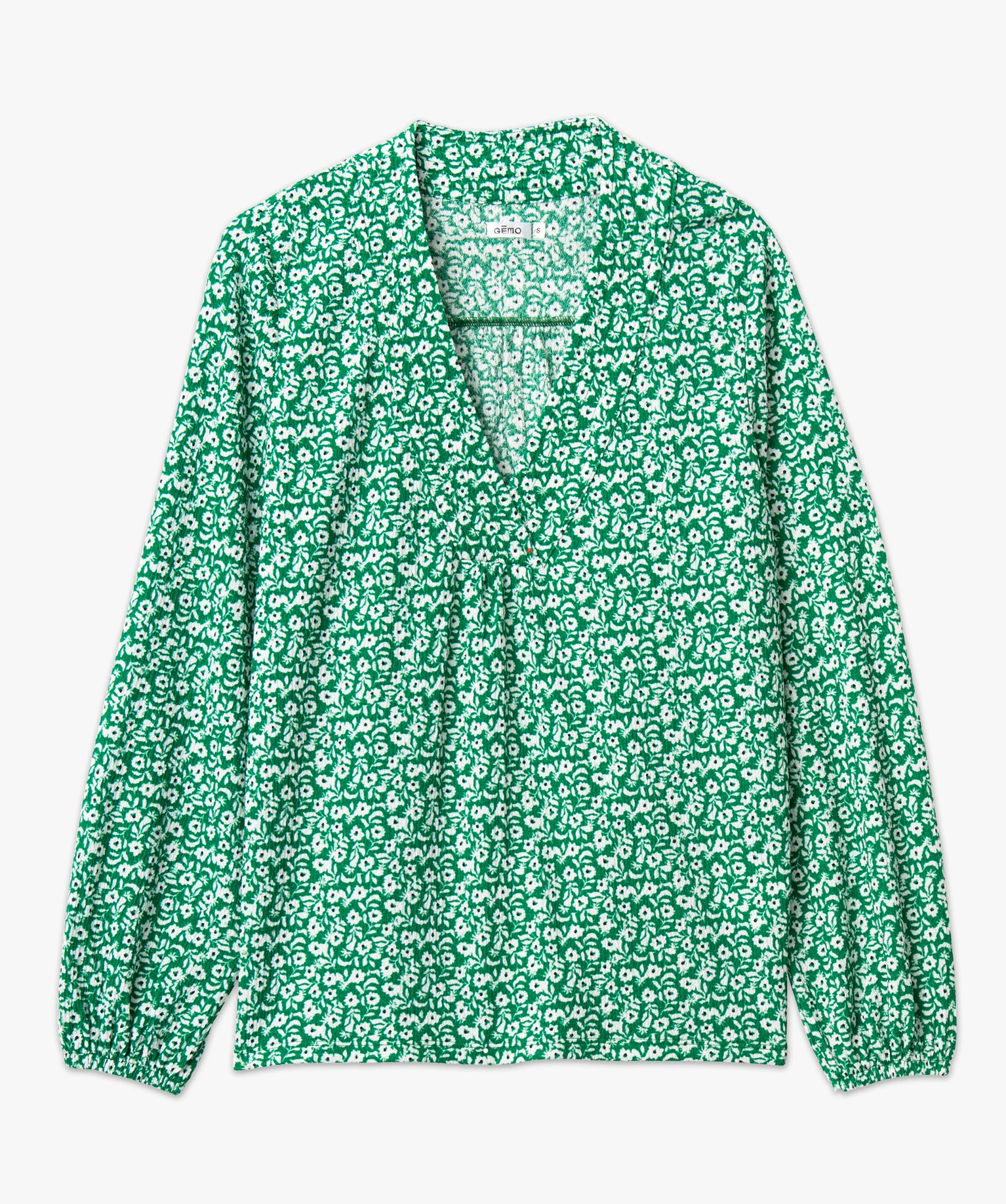 Tee-shirt à manches longues et col V à motifs fleuris femme vert | GEMO