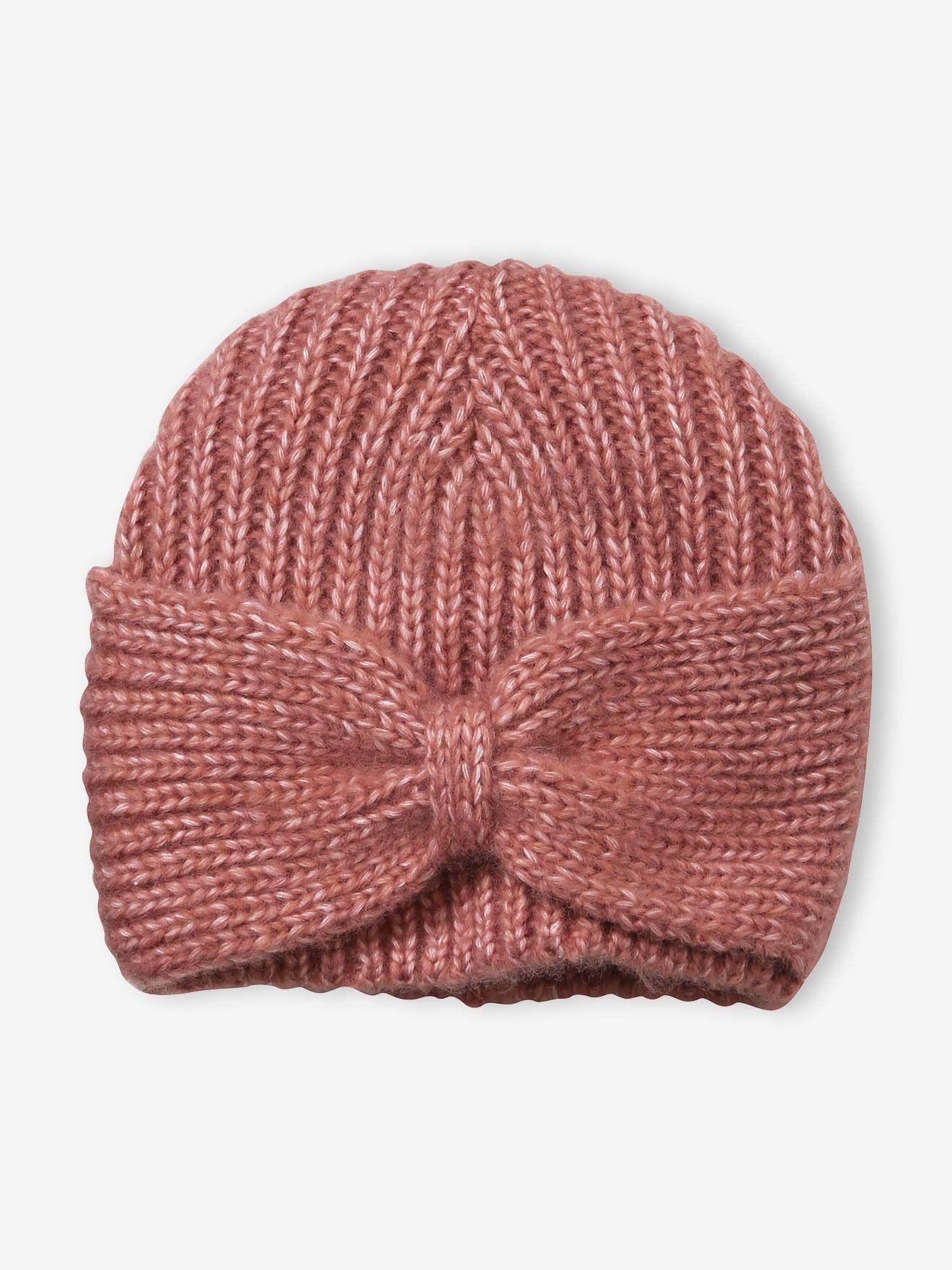 Bonnet fille en maille côtelée avec noeud fantaisie beige chiné