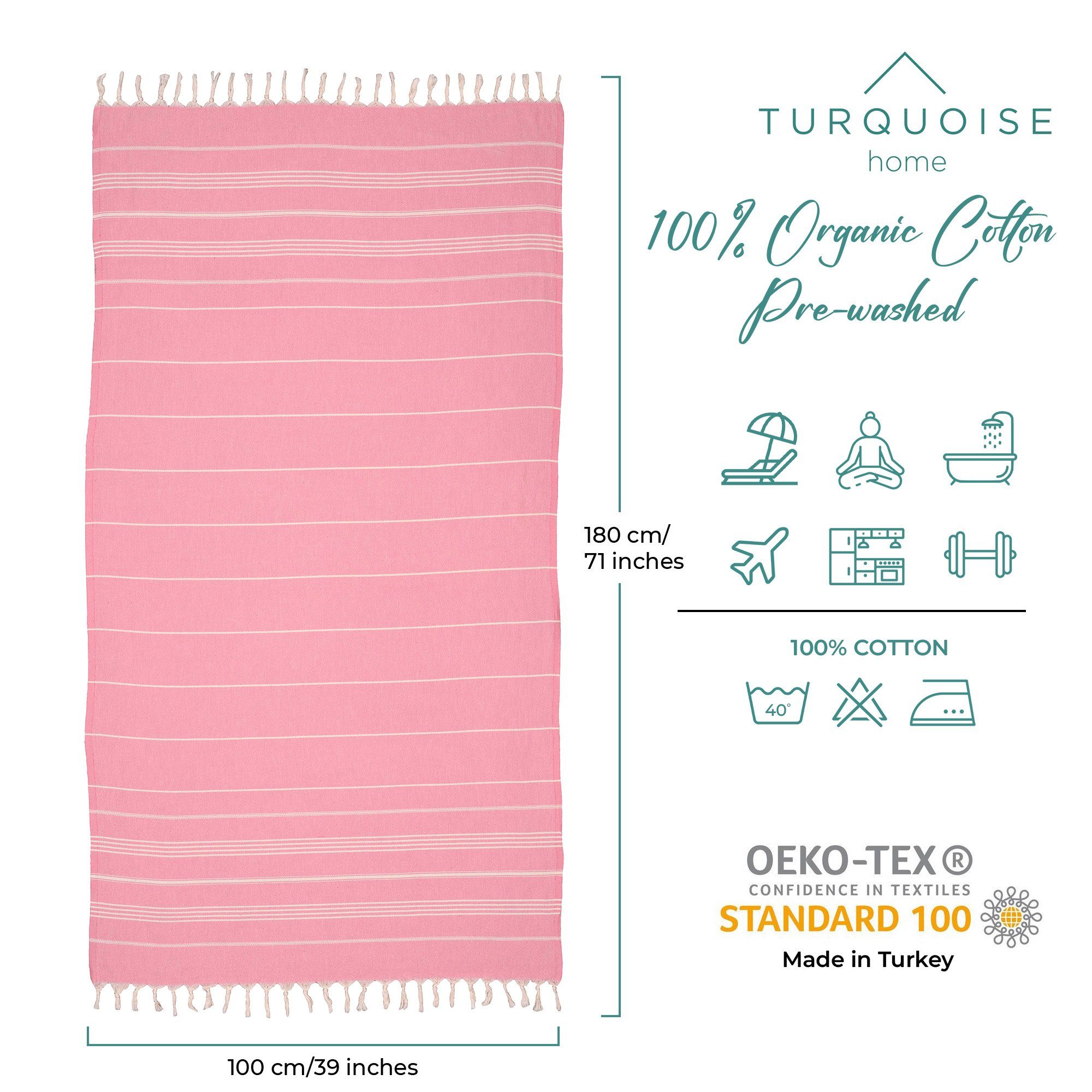Turquoise Home Hamamtuch Bio-Baumwolle Hamamtuch Strandtuch 2'er Set 100x180cm