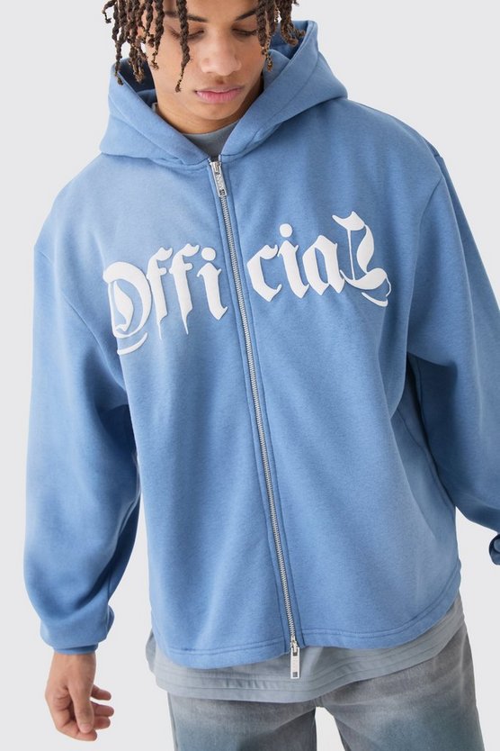 Kastiger Oversize Hoodie mit Reißverschluss und Denim-Applikation