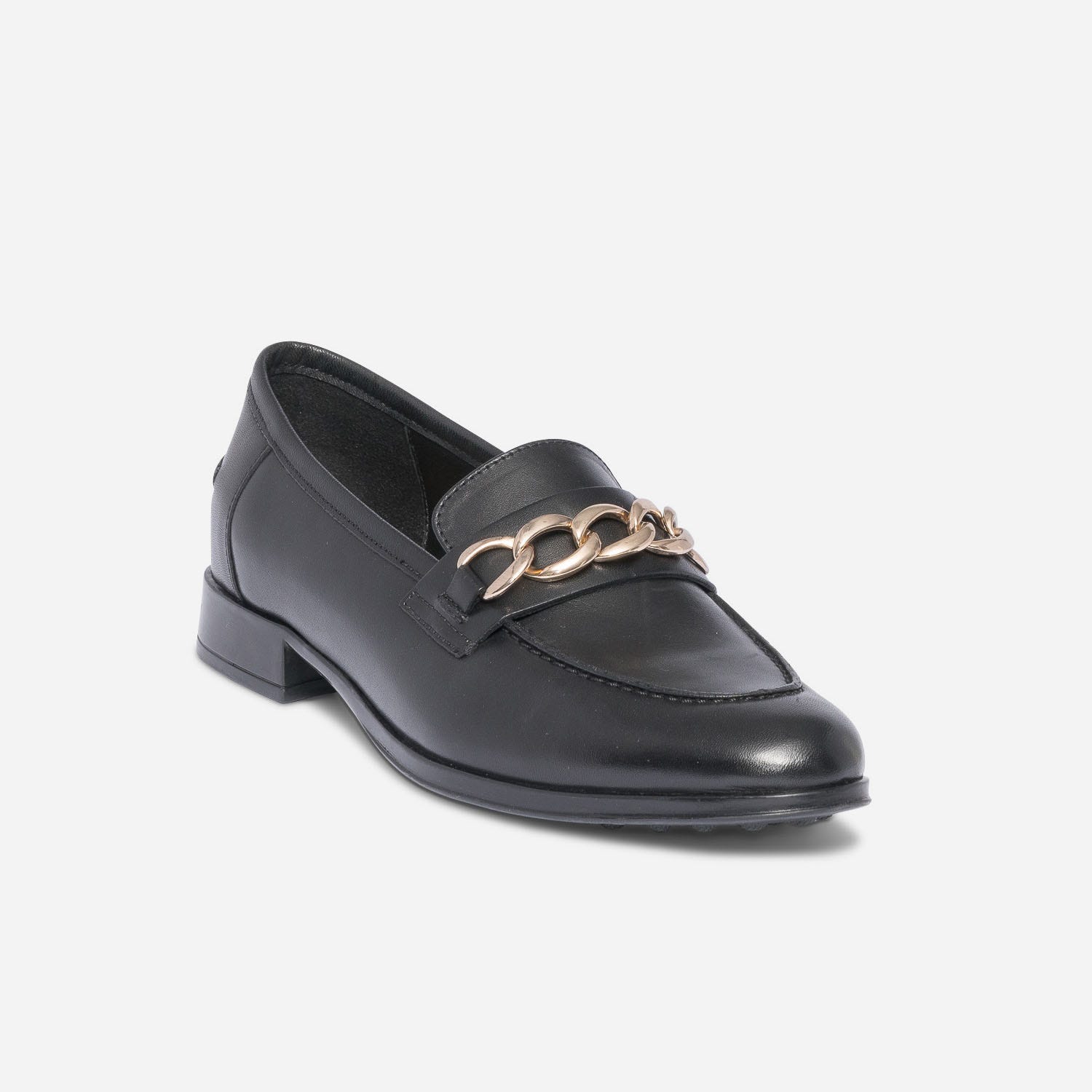 Mocassin noir en cuir à chaîne