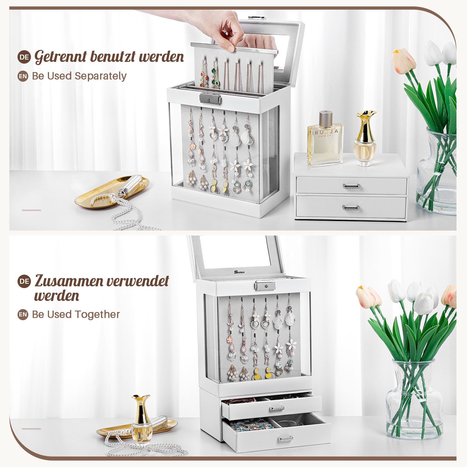 Yorbay Schmuckkasten Zweiteiliger Schmuckkoffer mit 4 Karten und 2 Schubladen, Weiß (Abschließbare Schmuckschatulle, Mit großem Sichtfenster, Mit Spiegel), Schmuckkästchen für Halsketten, Ringe, Armbänder, Ohrringe, Uhren