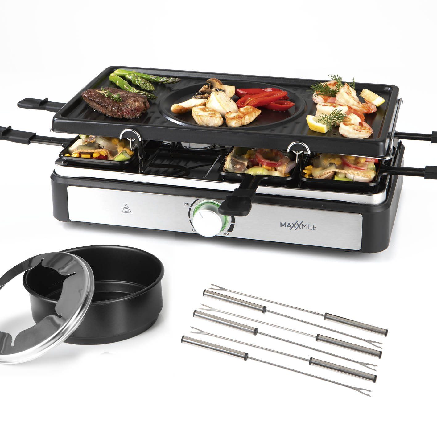 MAXXMEE Raclette und Fondue-Set Antihaft Platte 6 Gabeln & 8 Pfännchen fettarm 44x27cm