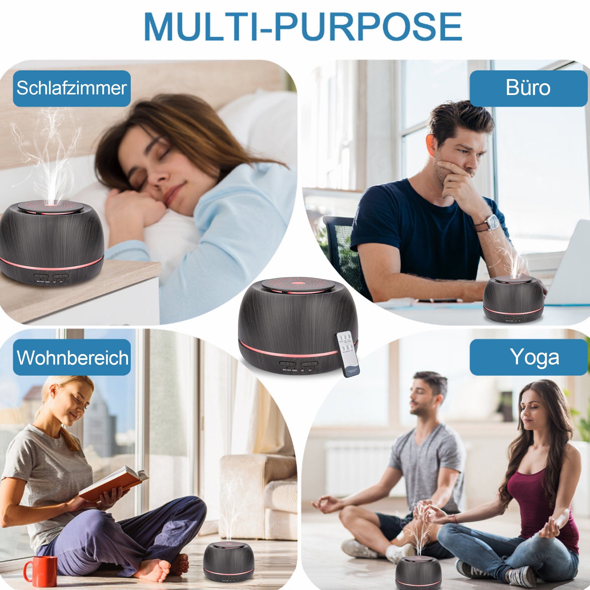Vbrisi Luftbefeuchter Aroma Diffuser Luftbefeuchter Holzmaserung Duftöl Diffuser, 0,30 l Wassertank, Holzoptik, 7-Farben-Blendung, mit Fernbedienung, 3-teiligem Duftölset