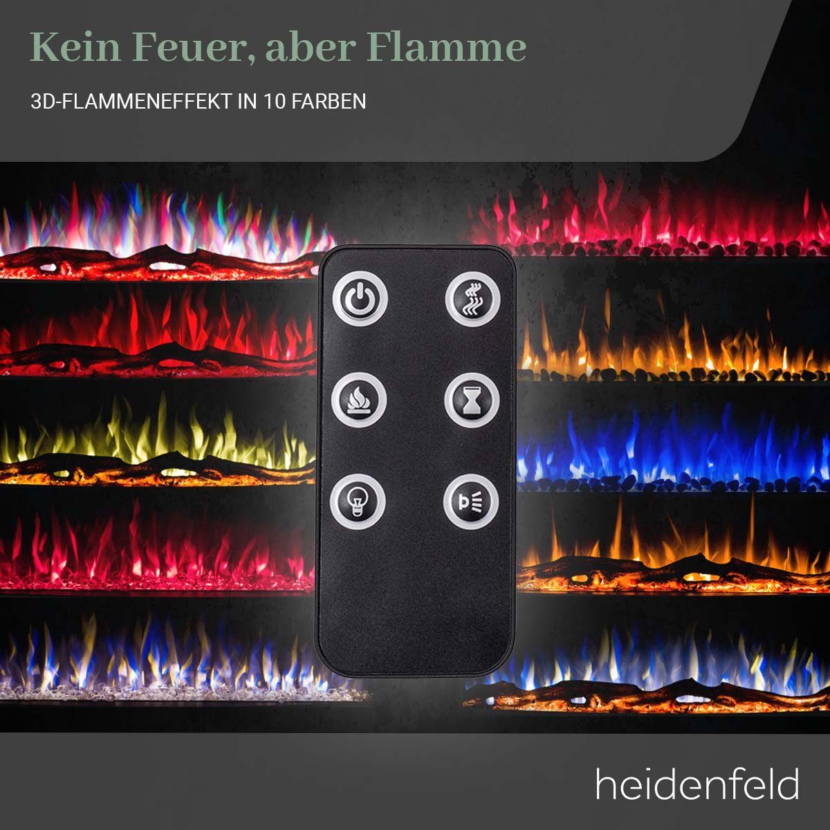 Heidenfeld Elektrokamin Kamin Heizung Wandkamin HF-WK500 750/1500 Watt inkl. 3 J. Garantie LED, 3D Flammen - Bluetooth Lautsprecher - Fernbedienung - Elektroheizung