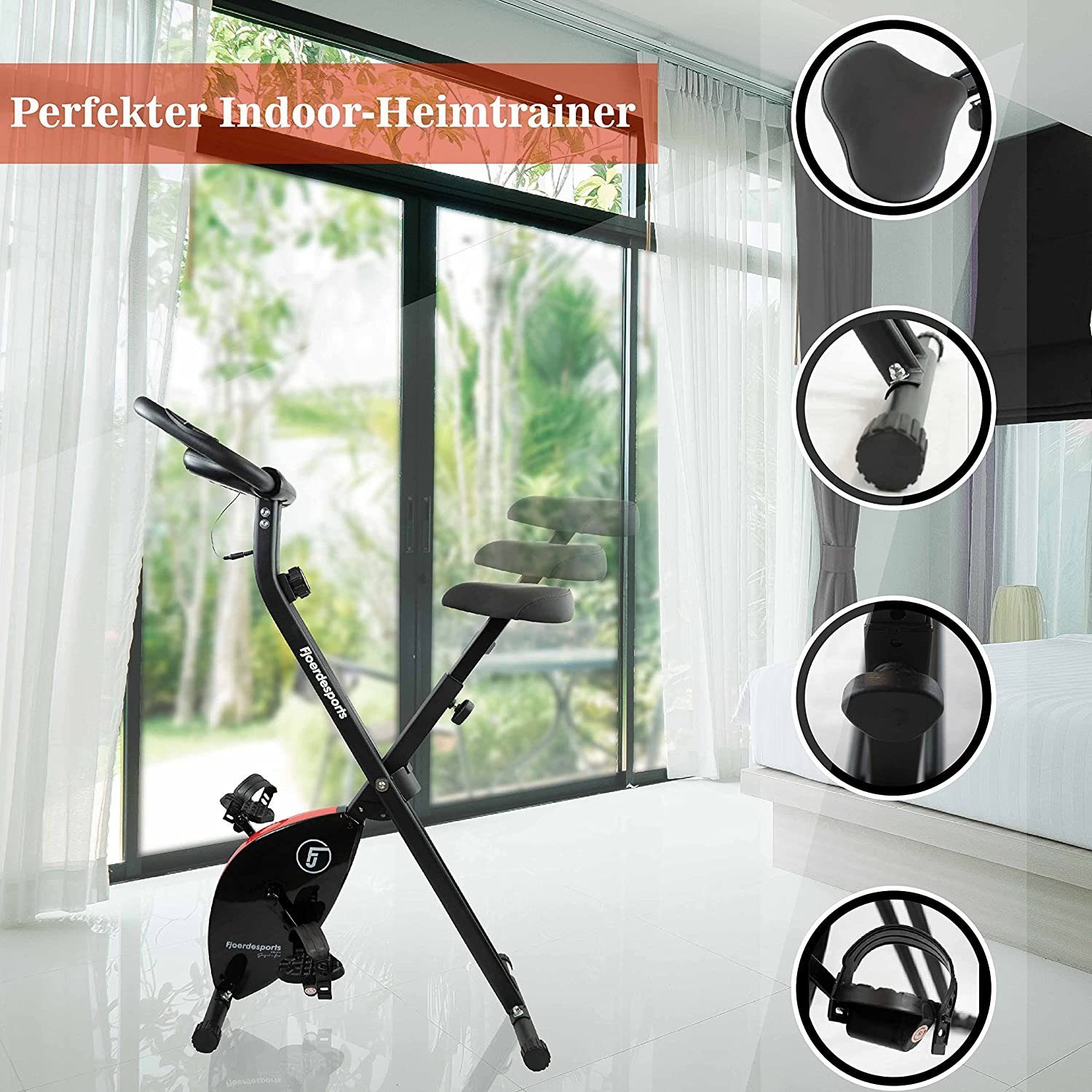 Fjoerdesports Heimtrainer Faltbarer Heimtrainer mit LCD Display Hometrainer Fitnessfahrrad (Maximales Benutzergewicht 110 Kg inkl. verstellbaren Sitz, klappbarer Hometrainer, inklusive Pulsmessung, maximales Benutzergerwicht 110 kg, Fitness Bike, Sen