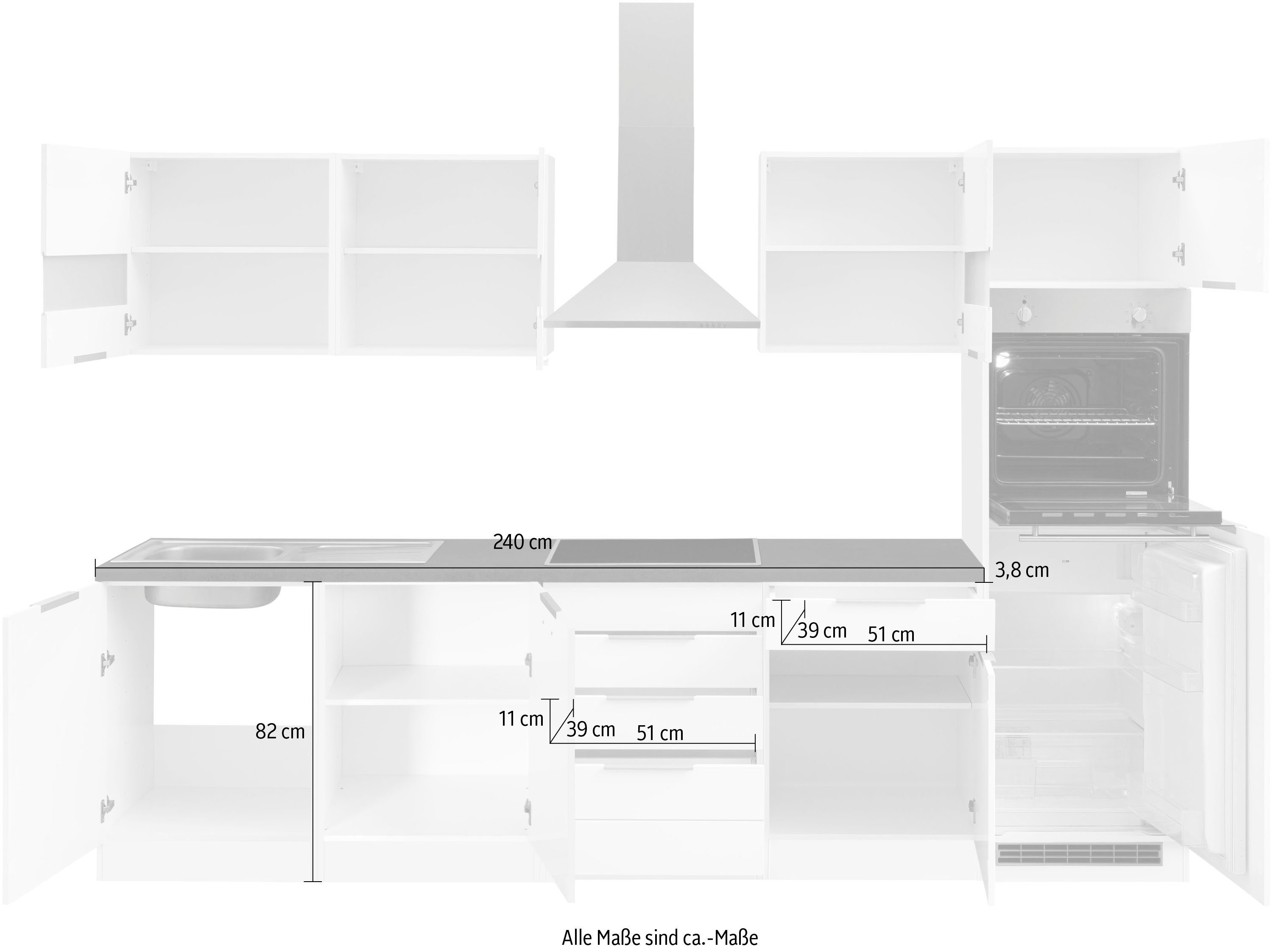 HELD MÖBEL Küche Luhe, 300 cm breit, wahlweise mit oder ohne E-Geräten, gefräste MDF-Fronten