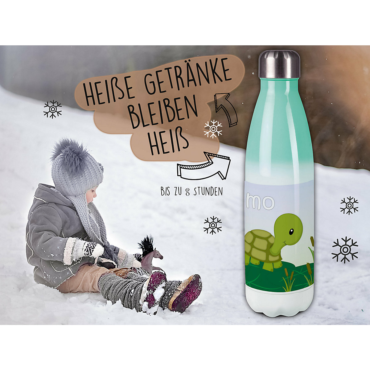 Edelstahl Kinder Thermoflasche / Trinkflasche bunt Schildkröte Spülmaschinenfest, Auslaufsicher, Bruchfest, Doppelwandig, Für Heißgetränke geeignet, Mit Deckel, Isoliert