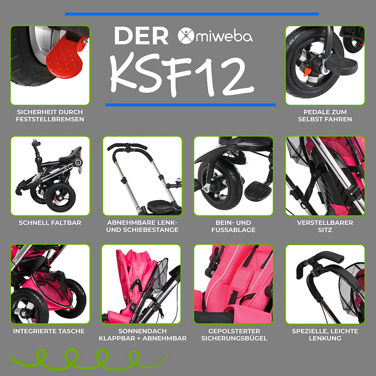 Kinderwagen Buggy Dreirad KSF12 Schieber - 7in1 Kinderdreirad mit Schubstange & Buggy