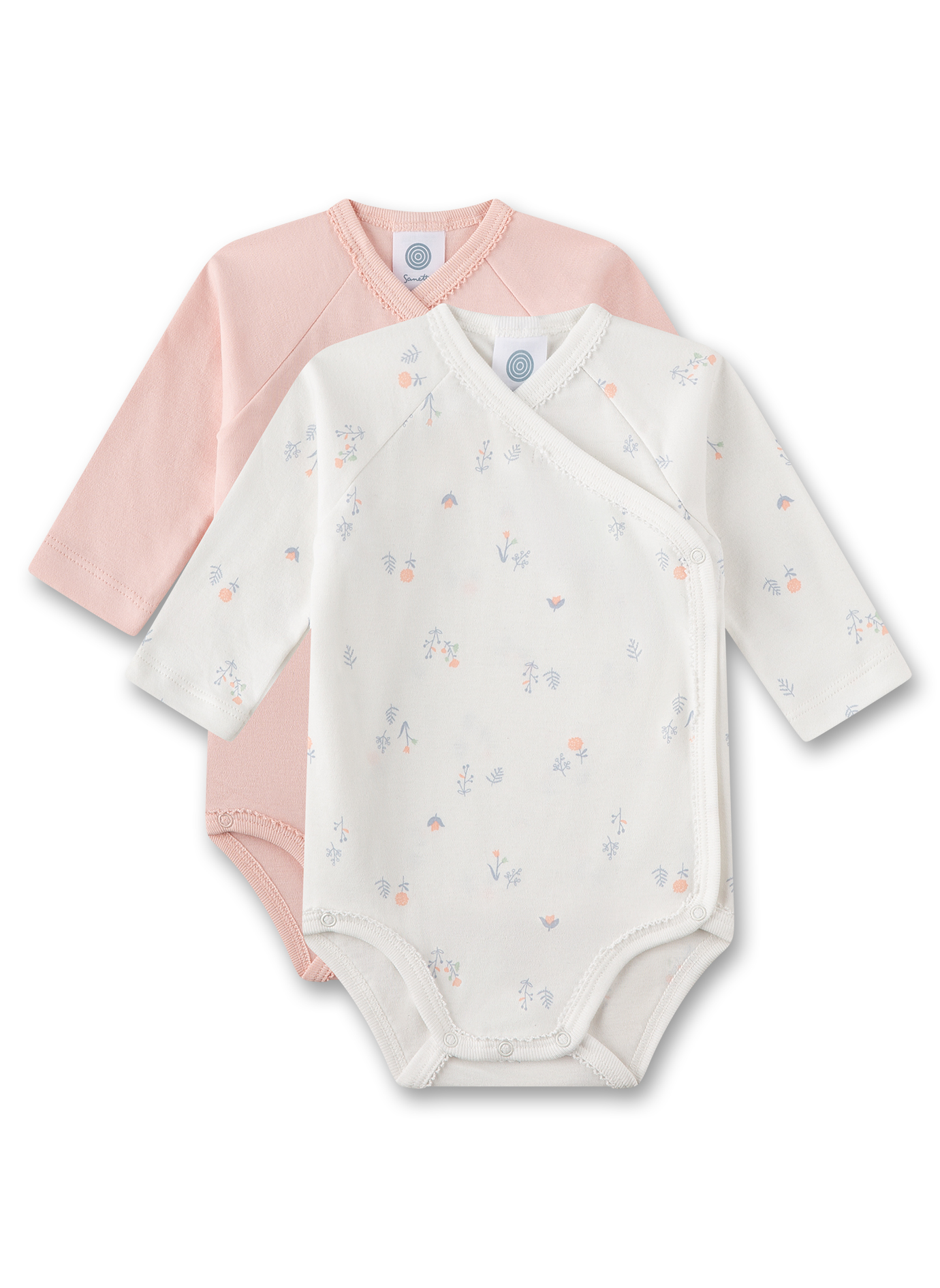 Wickelbody langarm (Doppelpack) Rosa und Weiß mit Blumen