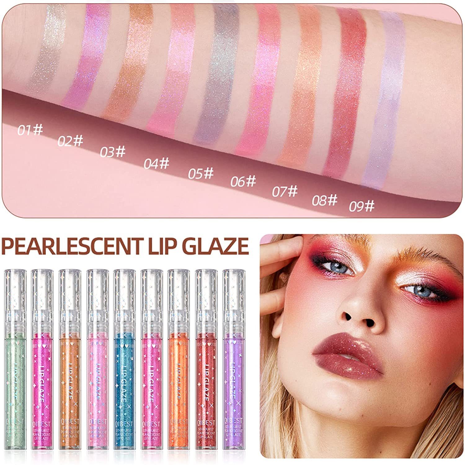 Haiaveng Lipgloss-Set 9 Farben Glitter Diamant Glänzender Lipgloss Set, Langanhaltender Wasserdichter Schimmer Metallic Lippenstift