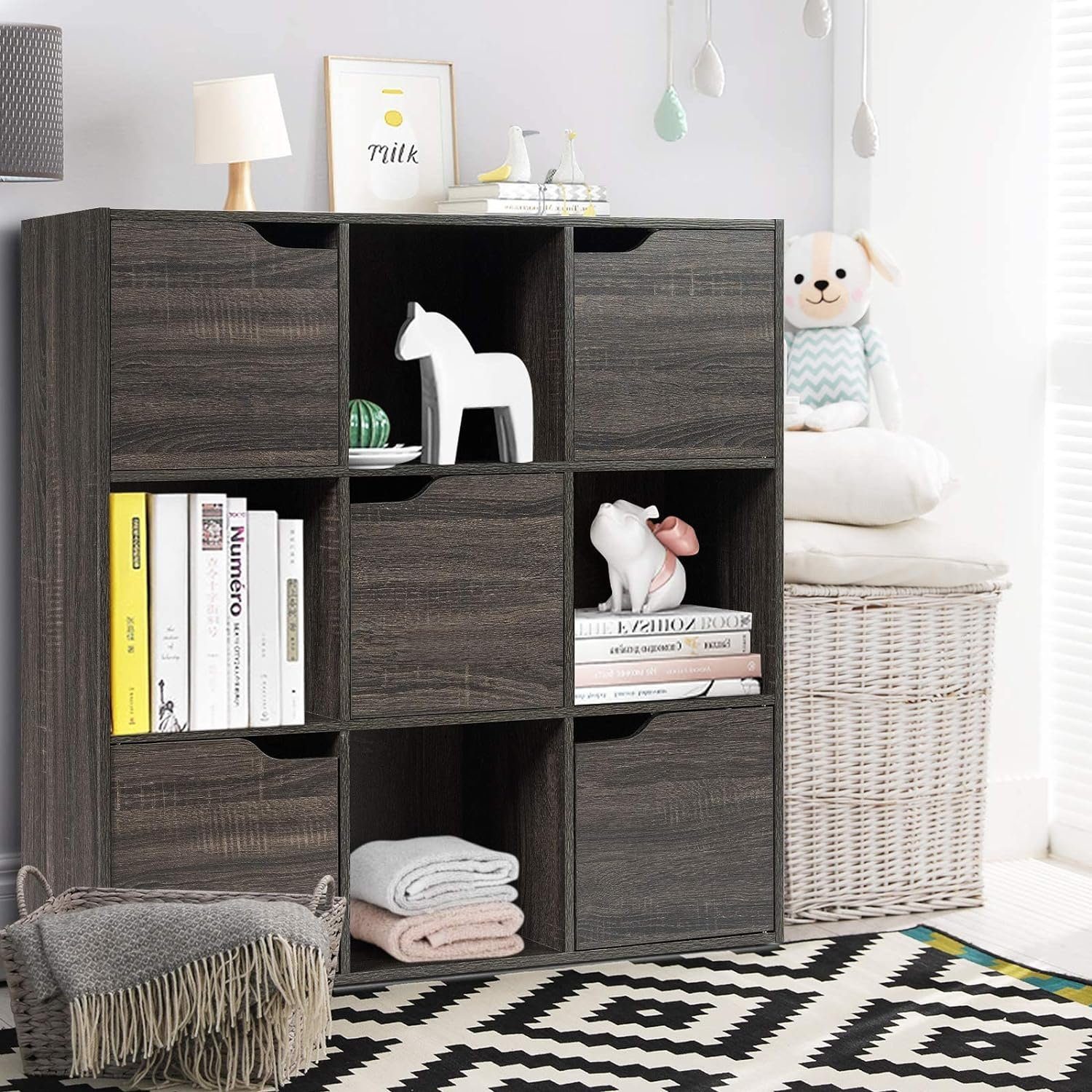 KOMFOTTEU Bücherregal Würfelregal mit 9 Fächern & 5 Türen, 90x29x90cm, grau
