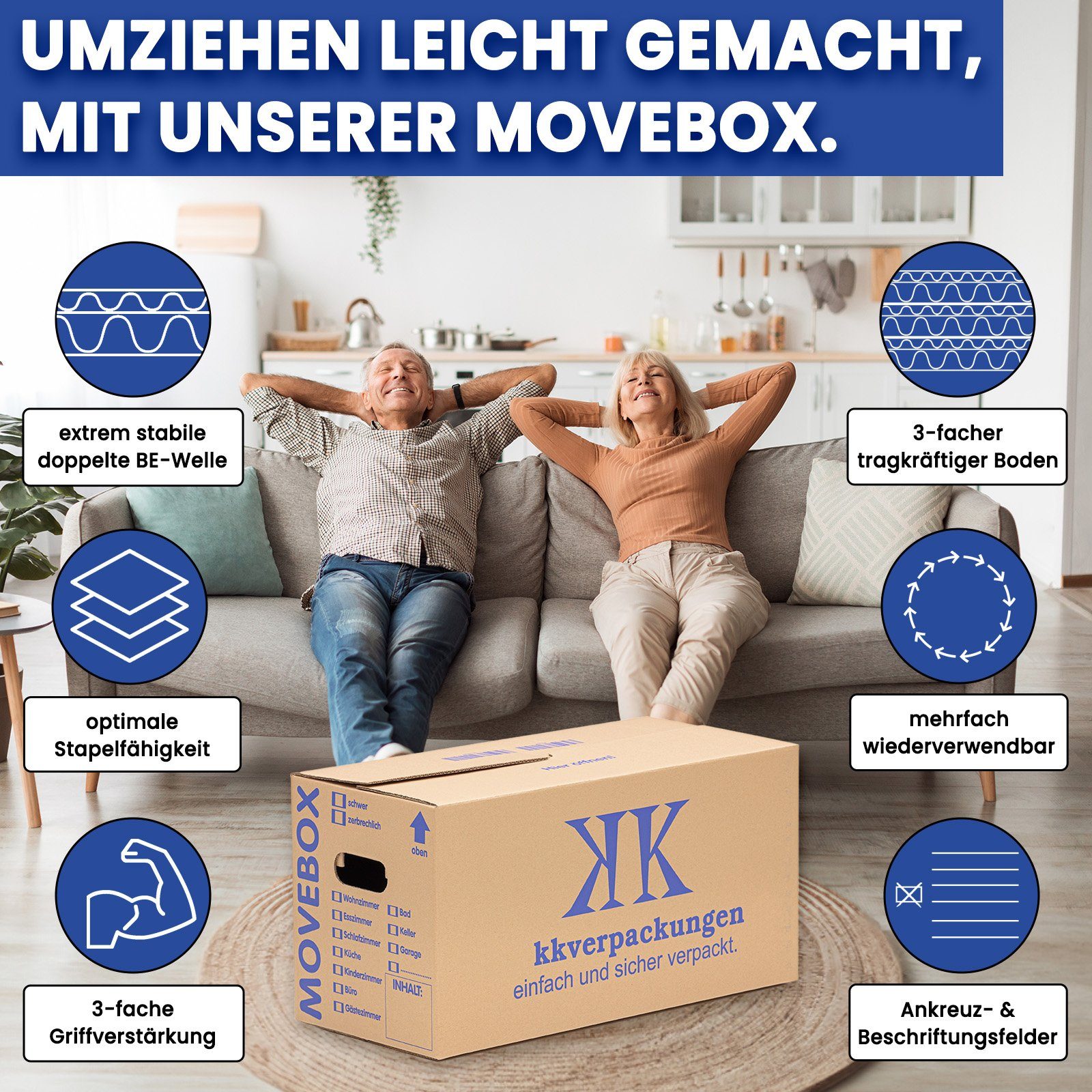 KK Verpackungen Aufbewahrungsbox (Spar-Set, 10 St., 10er-Set), Movebox 2-welliger Umzugskarton Umzugskiste 40kg Braun