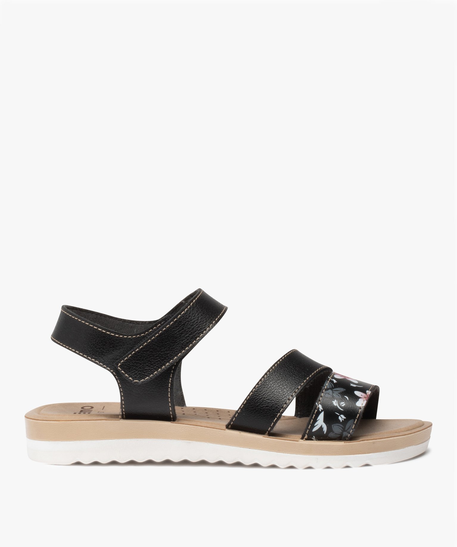 Sandales femme à motif floral et bride à scratch noir | GEMO