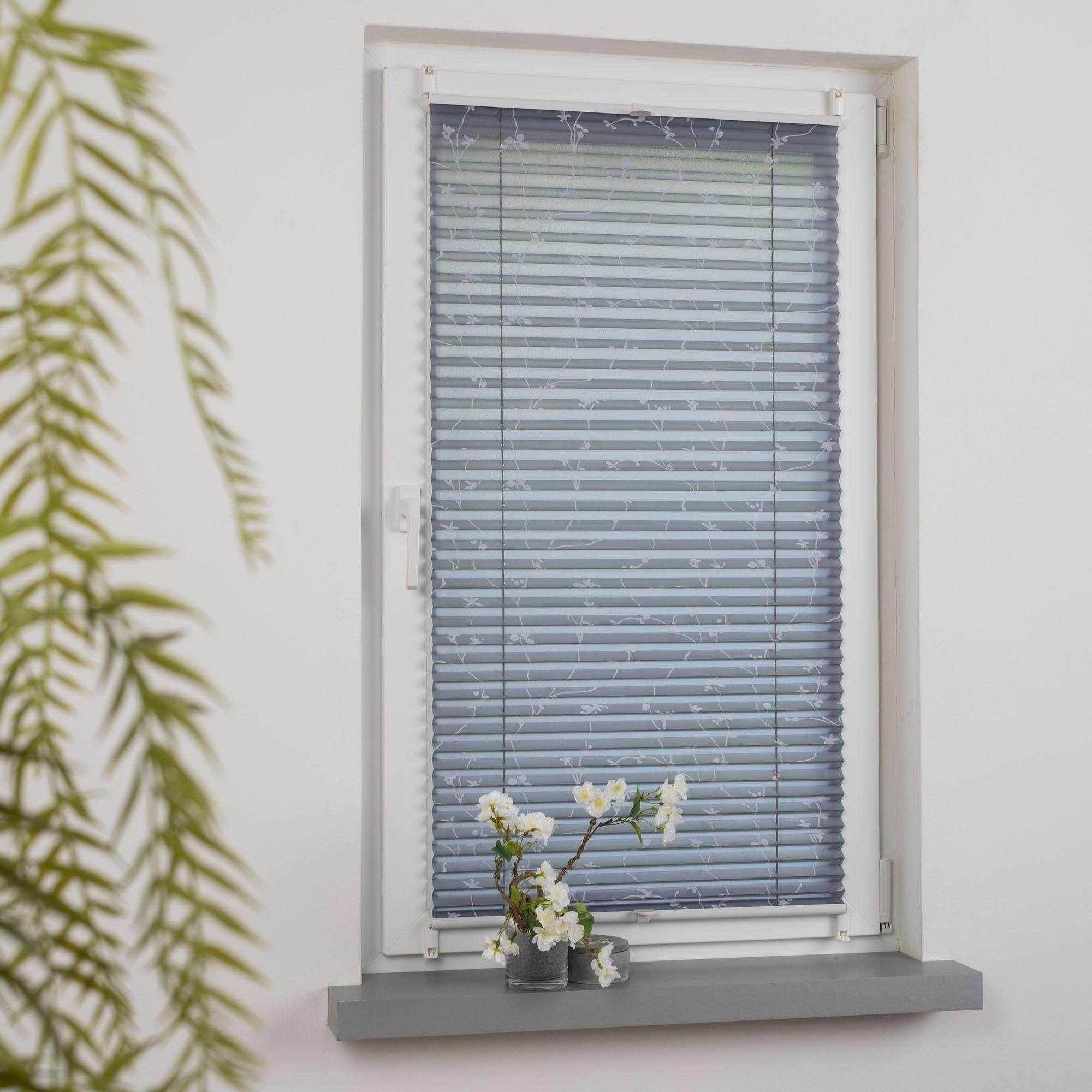 Plissee Klemmfix-Plissee Ranke grau, Liedeco, Lichtschutz, ohne Bohren, verspannt, Klemmfix, Klemmfix-Plisse mit floralem Druck