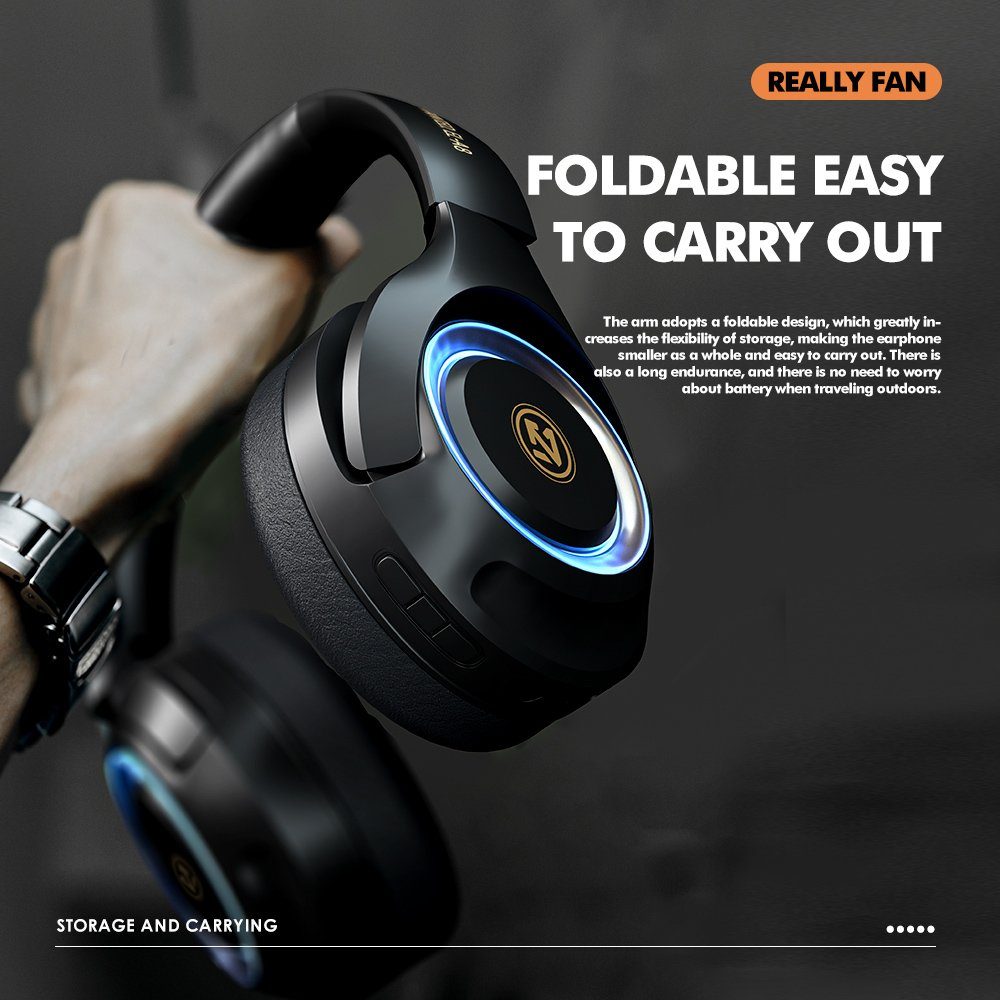 Mutoy Gaming Headset mit RGB Atemlicht&Mikrofon abnehmbar,Over Ear-Kopfhörer Gaming-Headset (Headset mit Mikrofon, Noise-Cancelling,Hi-Fi Stereo,Faltbare, Bluetooth Wireless)