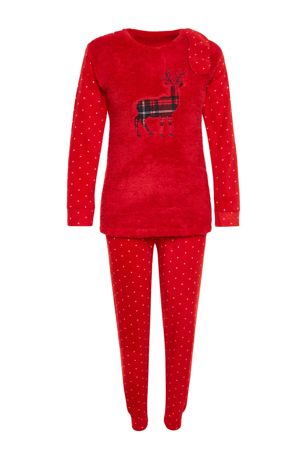 Trendyol Collection  Rotes Wellsoft T-Shirt-Jogginghose-Pyjama-Set aus Strick mit Hirschmuster THMAW24PT00173
