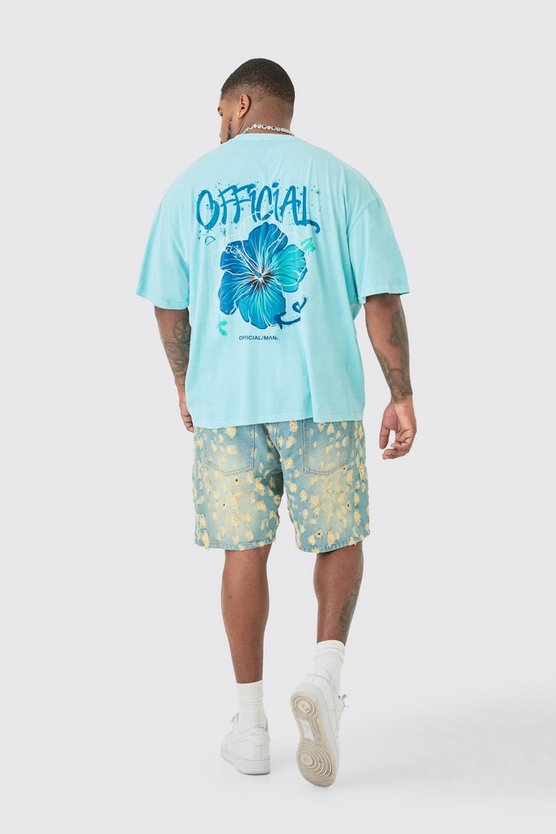 Plus blaues T-Shirt mit floralem Official Print