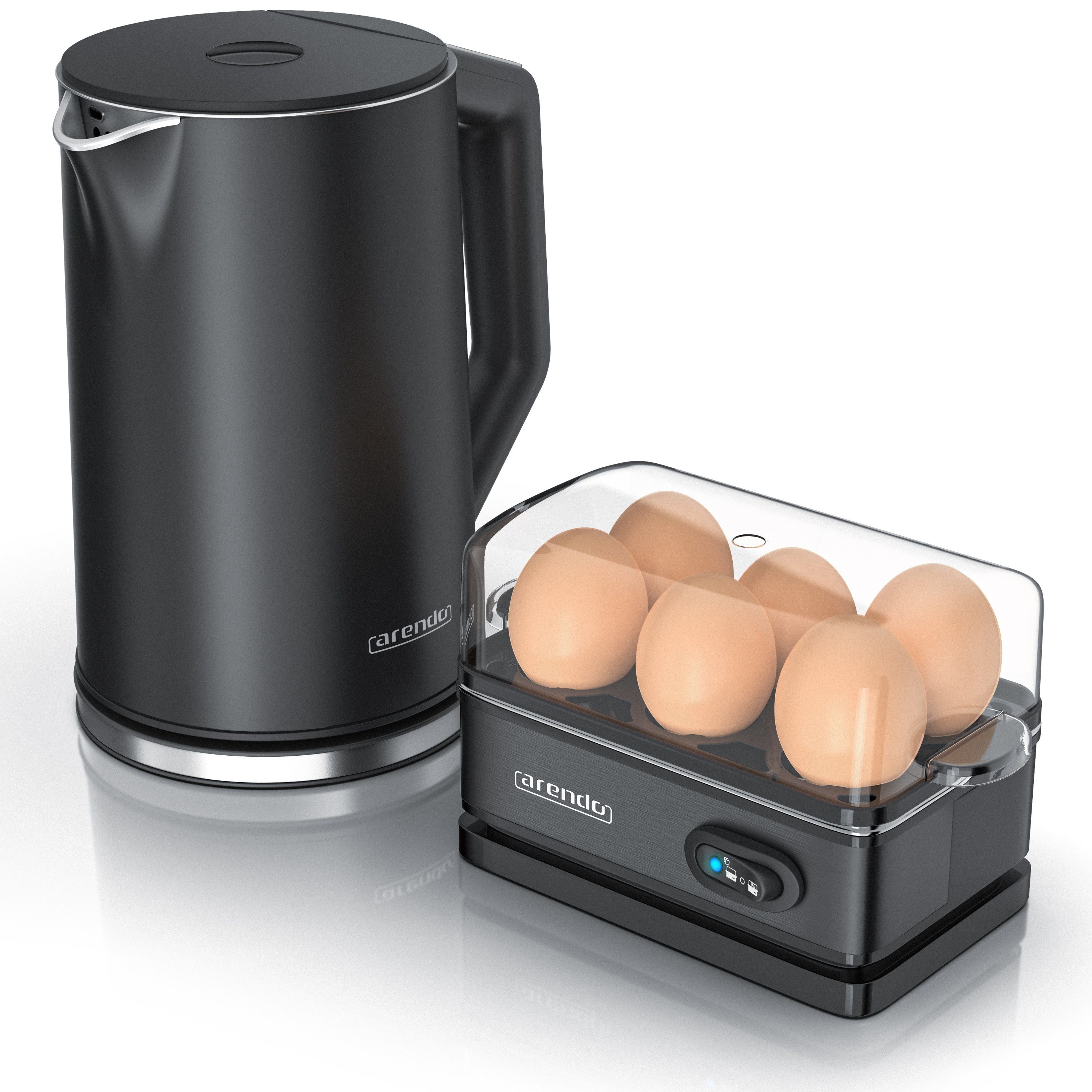 Arendo Frühstücks-Set (2-tlg), Edelstahl Wasserkocher 1,5l, 6er Eierkocher, Schwarz