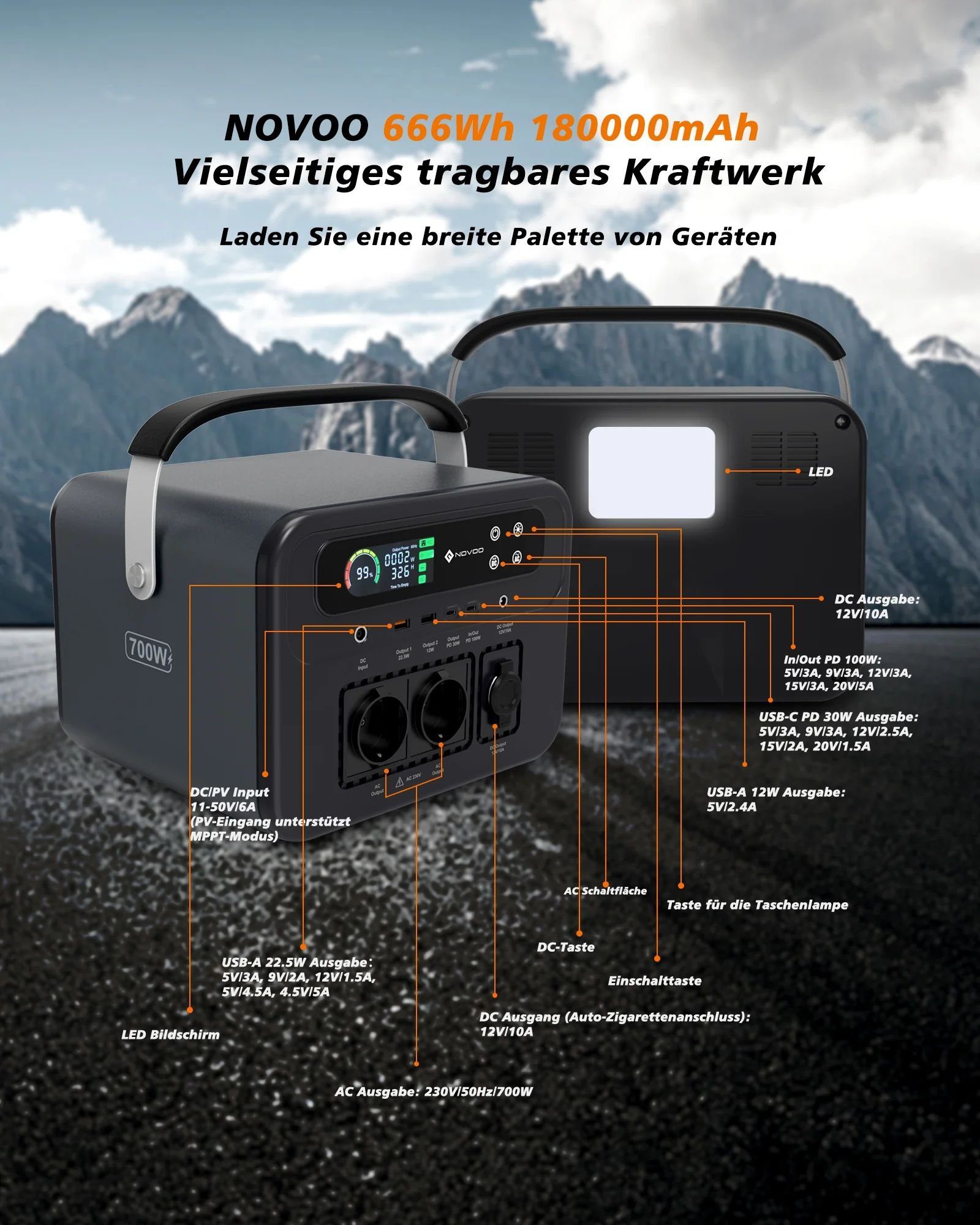 NOVOO Stromerzeuger NOVOO RPS700 - Tragbare 666Wh Powerbank für unterwegs, 700,00 in kW, (Set), 700 W AC-Leistung, Typ-C PD 100 W Schnellladung