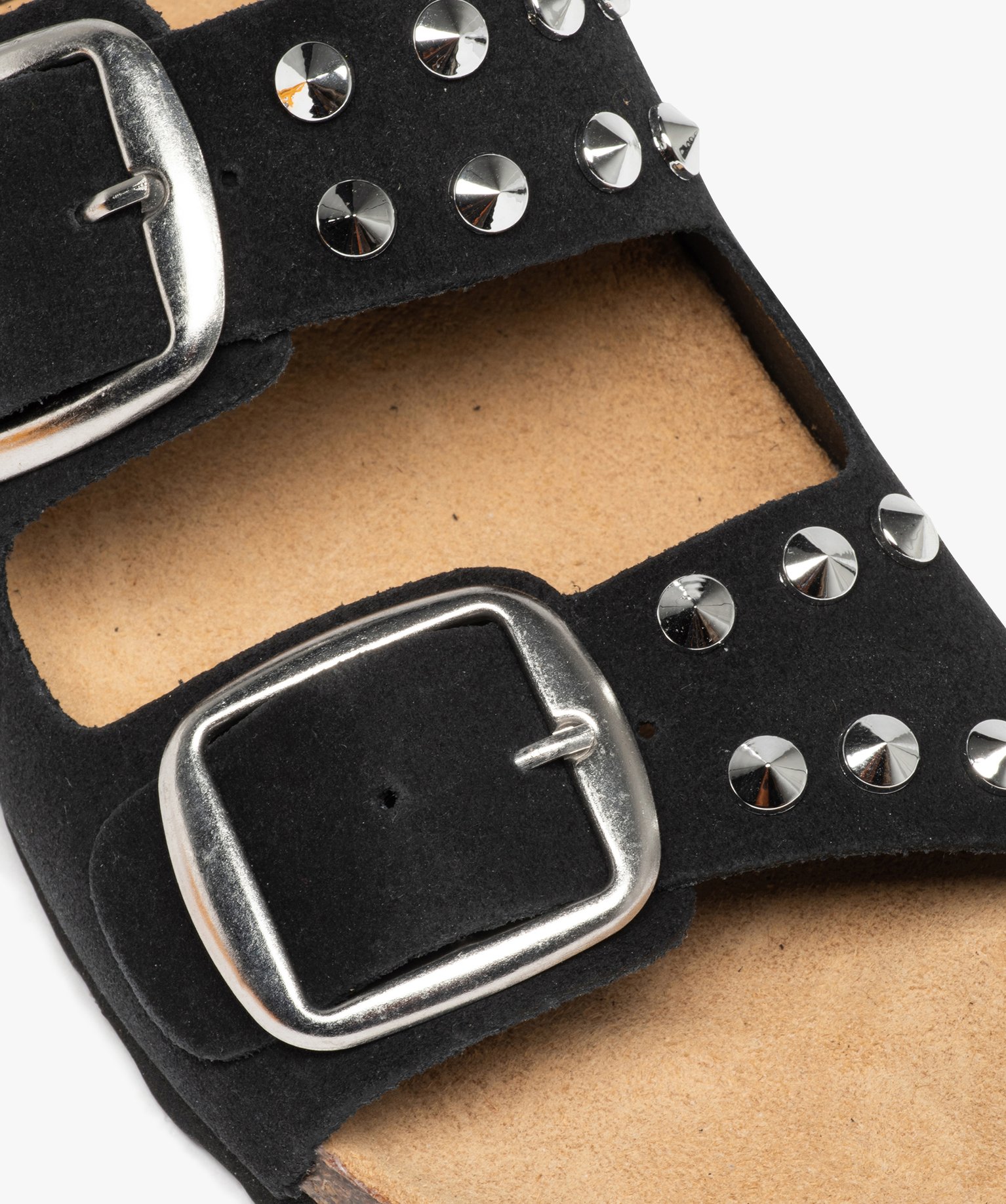 Mules femme à brides en cuir et clous métalliques noir | GEMO