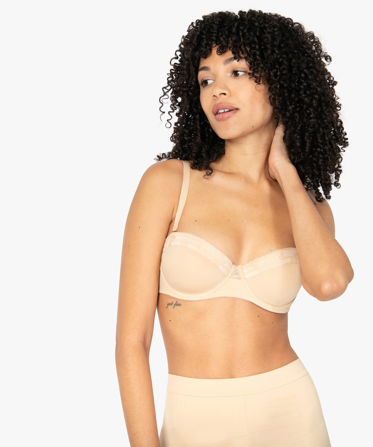 Soutien-gorge balconnet en microfibre et dentelle beige | GEMO