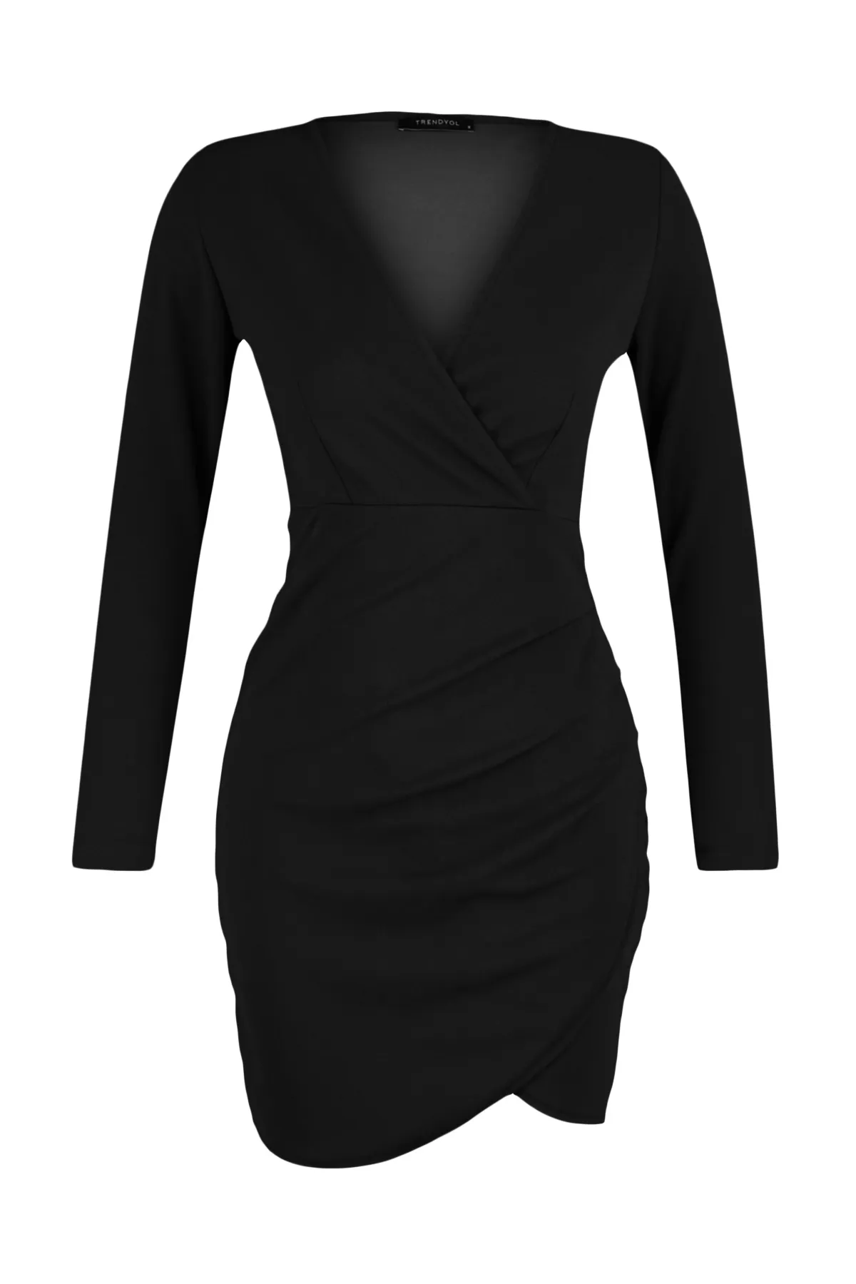 Trendyol Collection  Schwarzes, figurbetontes, zweireihiges Mini-Bleistiftkleid aus flexiblem Strick mit Kragen TWOAW24EL00119