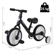 HOMCOM Kinder Laufrad, Lauflernrad, Kinderfahrrad, 2-in-1, Kinderrad mit Stützrädern und Pedalen, 2-5 Jahre, Sitzhöhenverstellbar, PP, Schwarz, 85 x B36 x H54 cm