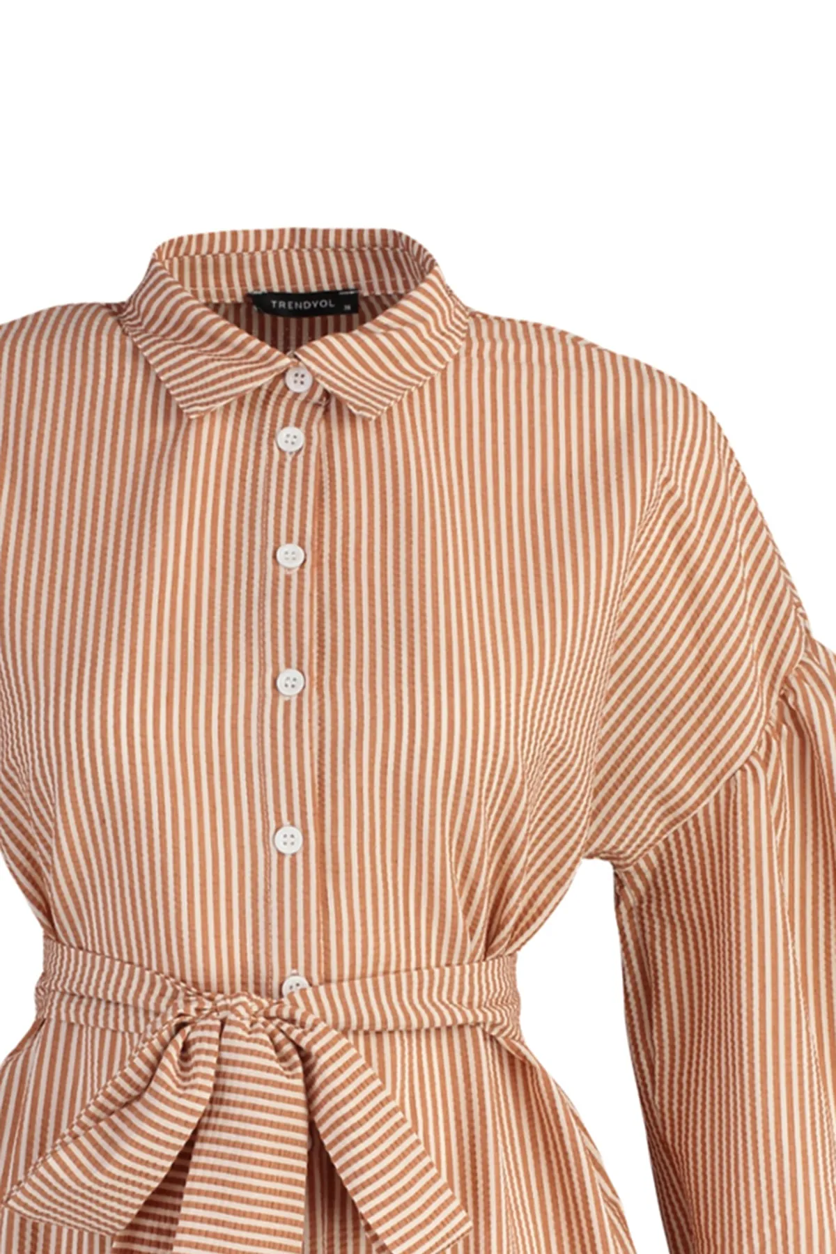 Trendyol Modest  Orange gestreiftes, gewebtes Hemd mit Ballonärmeln und langem Rücken, Gürtel TCTSS22GO0116