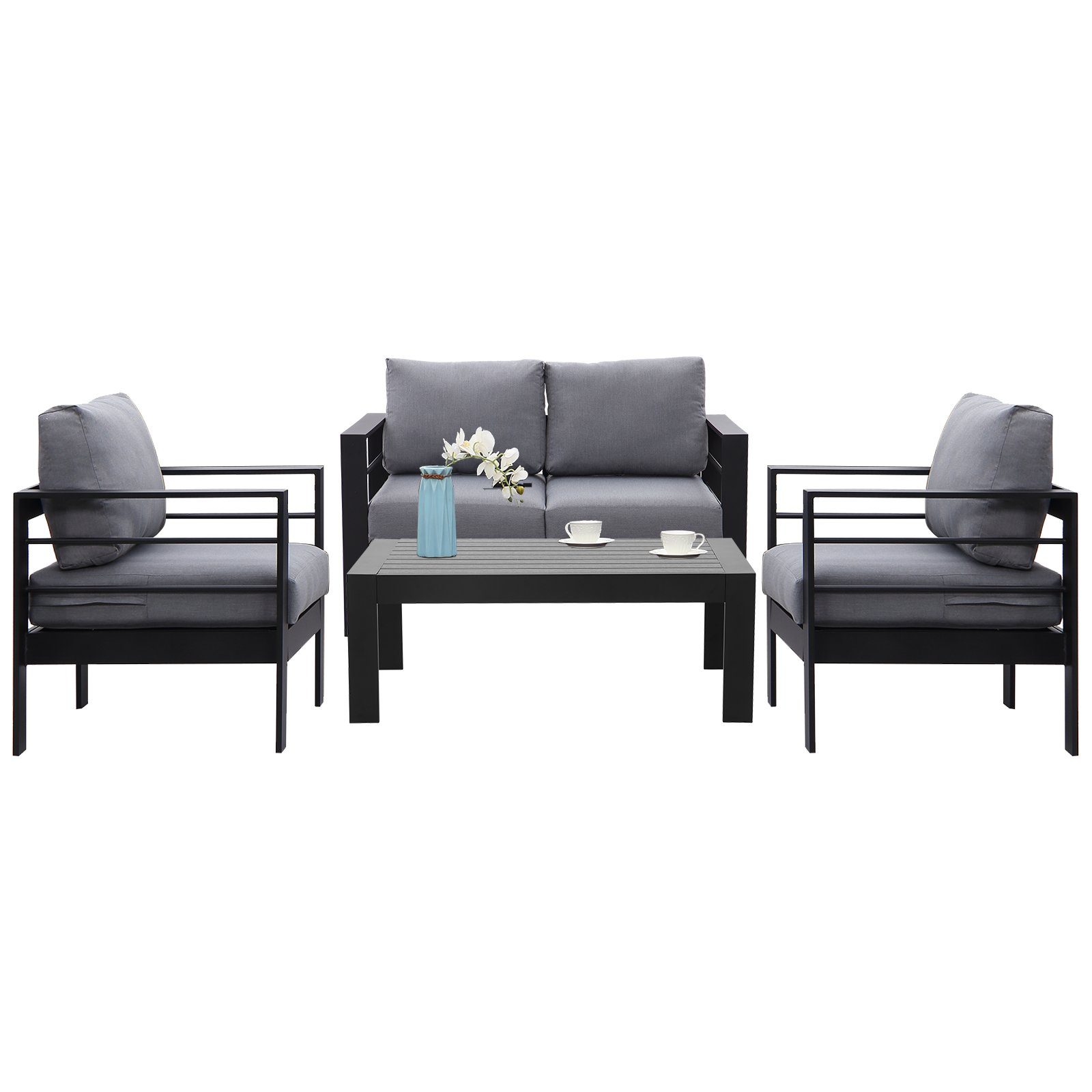 MeXo Gartenlounge-Set Aluminium Gartenmöbel Set, (Balkonmöbel, 4-tlg., Sitzgruppe mit 2-Sitzer-Sofa, 2 Sessel, Tisch), Terrassenmöbel Set Lounge für 4 Personen