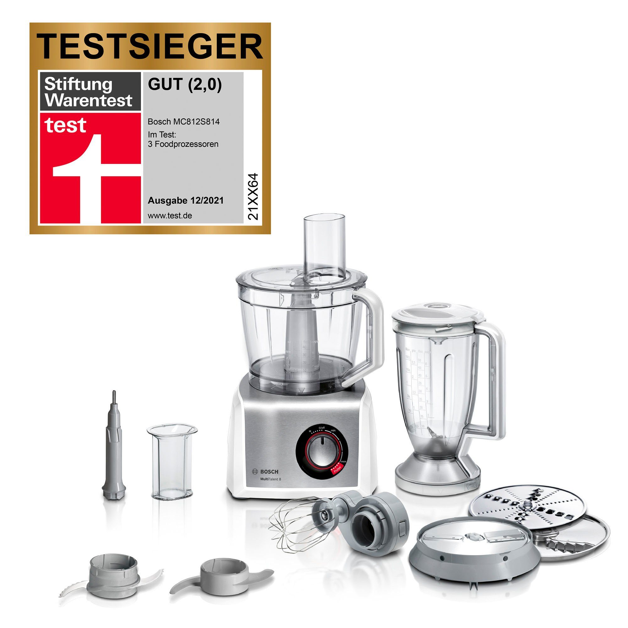 BOSCH Kompakt-Küchenmaschine MultiTalent 8 MC812S814, 1250 W, 3,9 l Schüssel, 3,9l Schüssel, 1,5l Mixaufsatz, Rührbesen, Universalmesser, 3 Scheiben