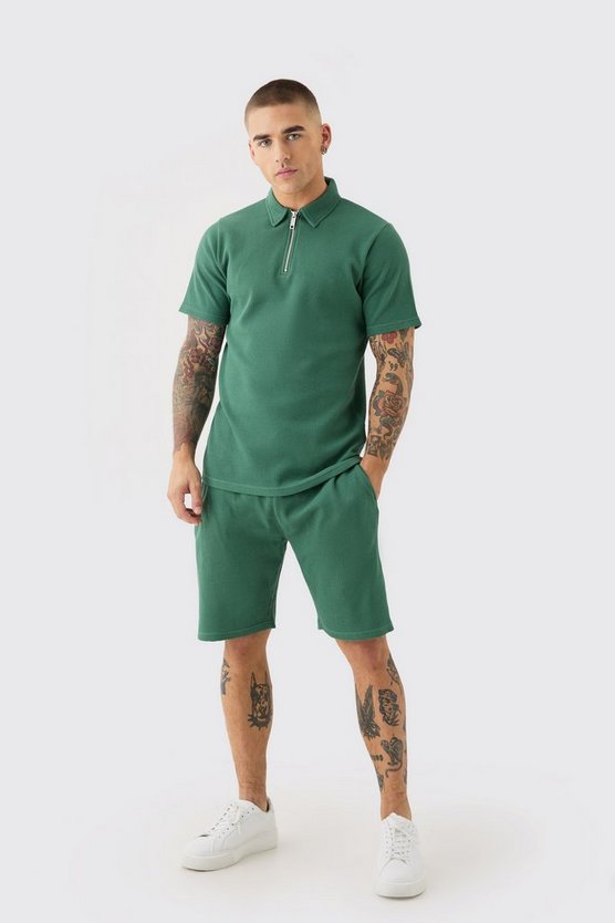 Slim-Fit Poloshirt & Shorts in Waffeloptik
